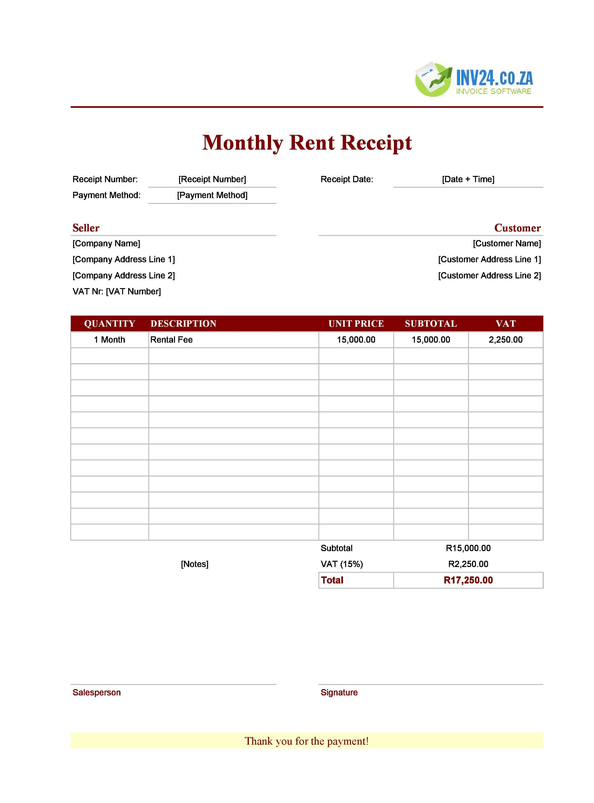 Monthly Rent Receipt Template for South Africa (Excel / Google Sheets)