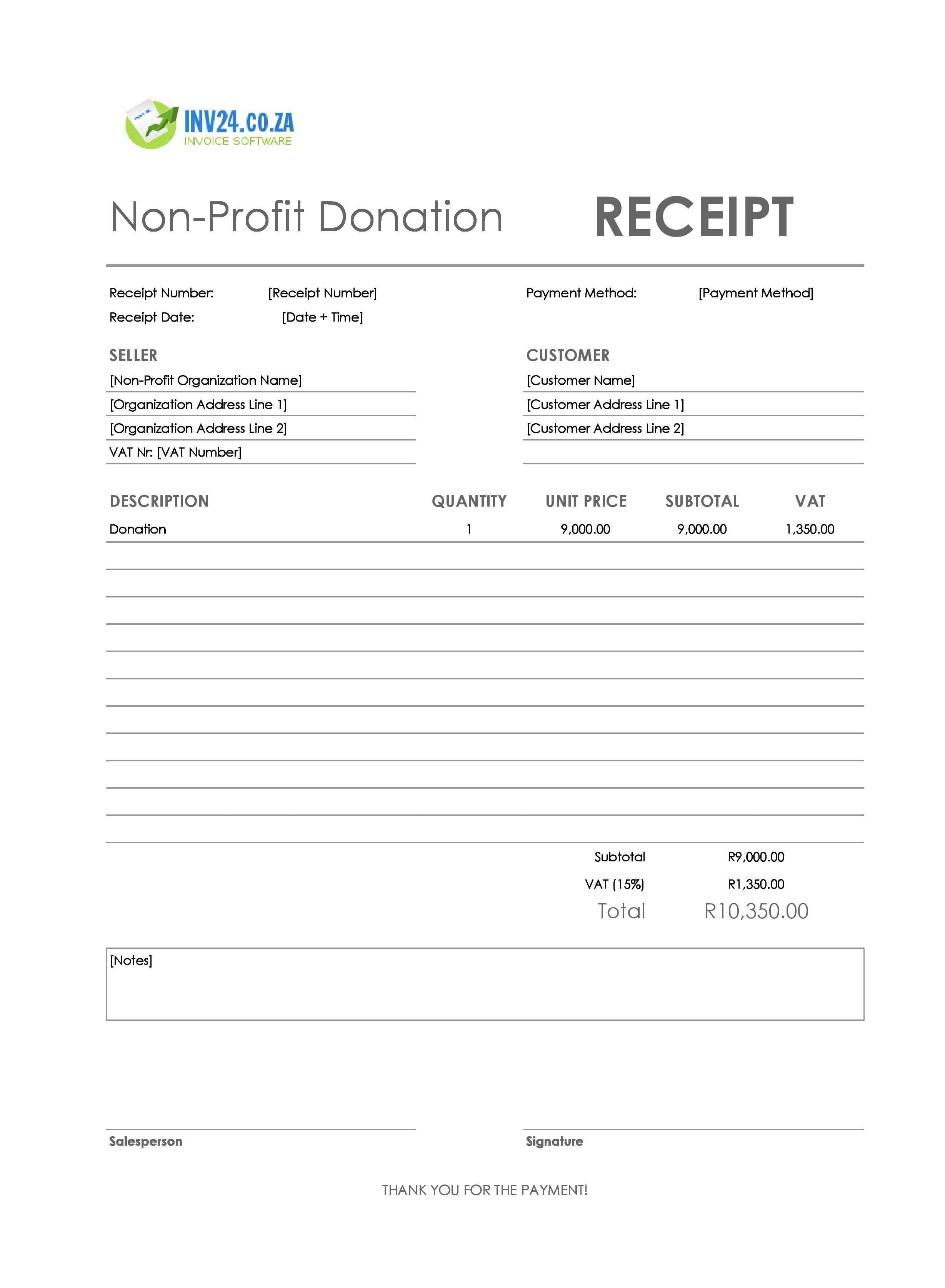Non-Profit Donation Receipt Template for South Africa (Excel / Google Sheets)