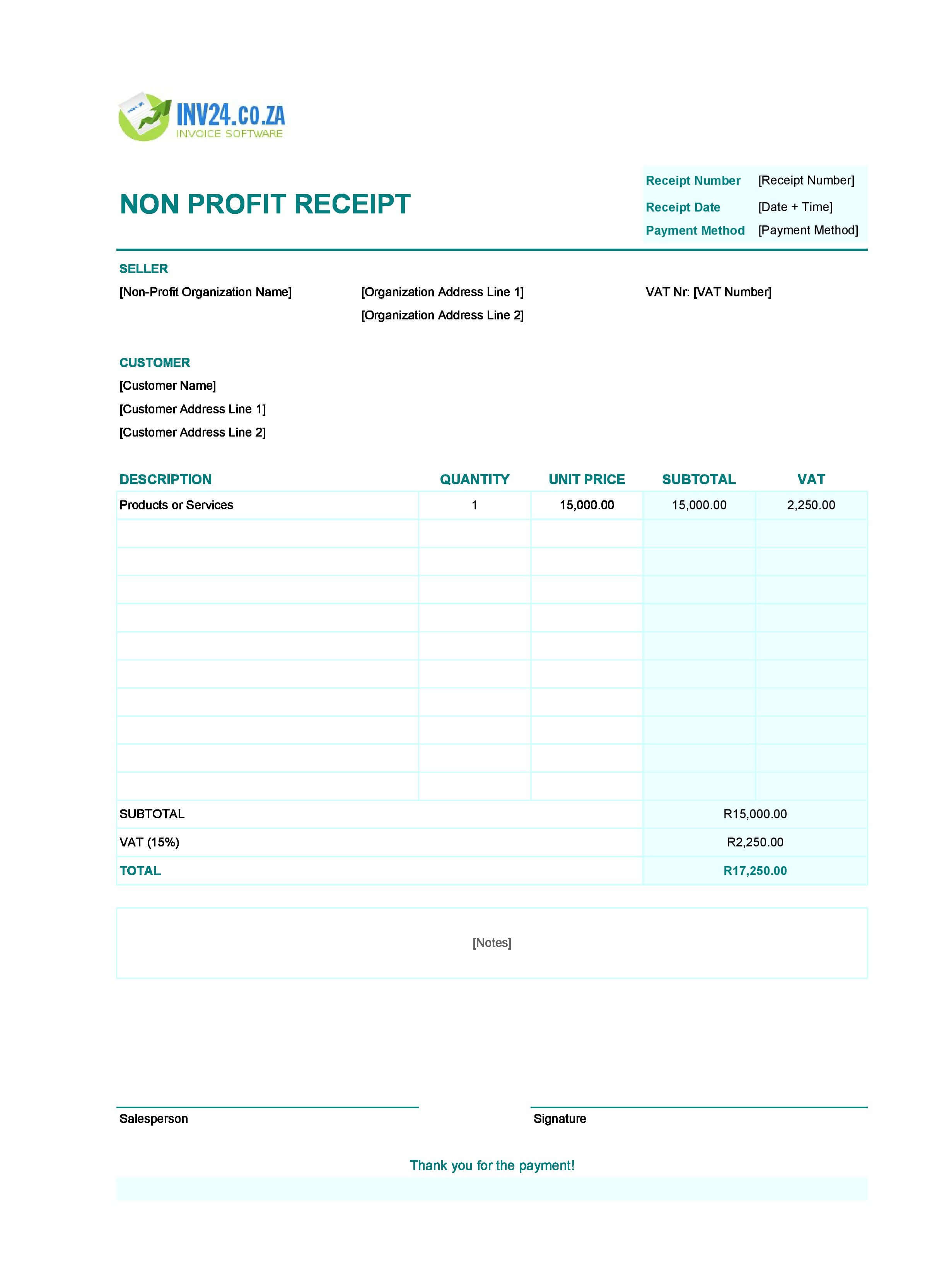 Non-Profit Receipt Template for South Africa (Excel / Google Sheets)