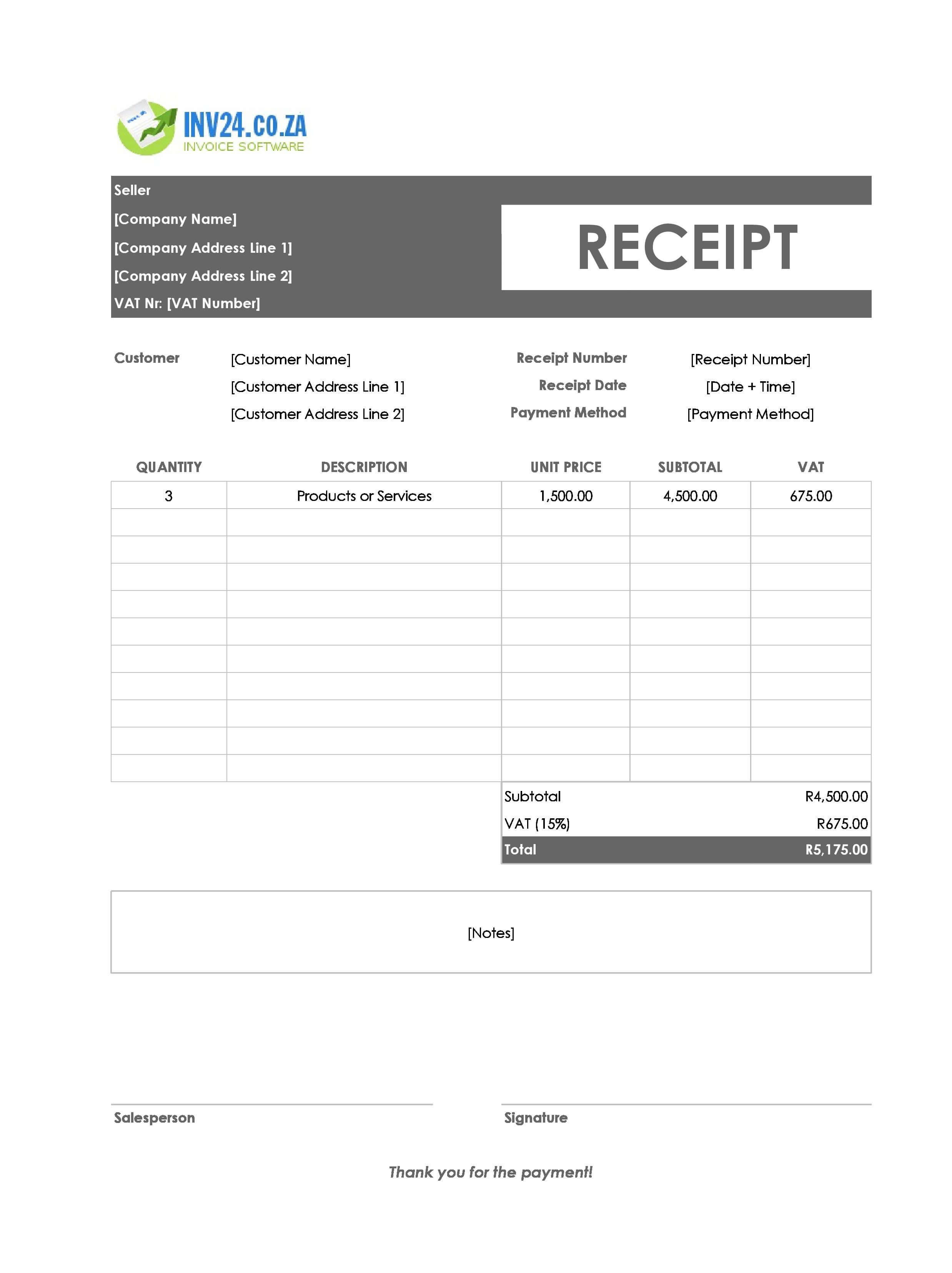 Official Receipt Template for South Africa (Excel / Google Sheets)