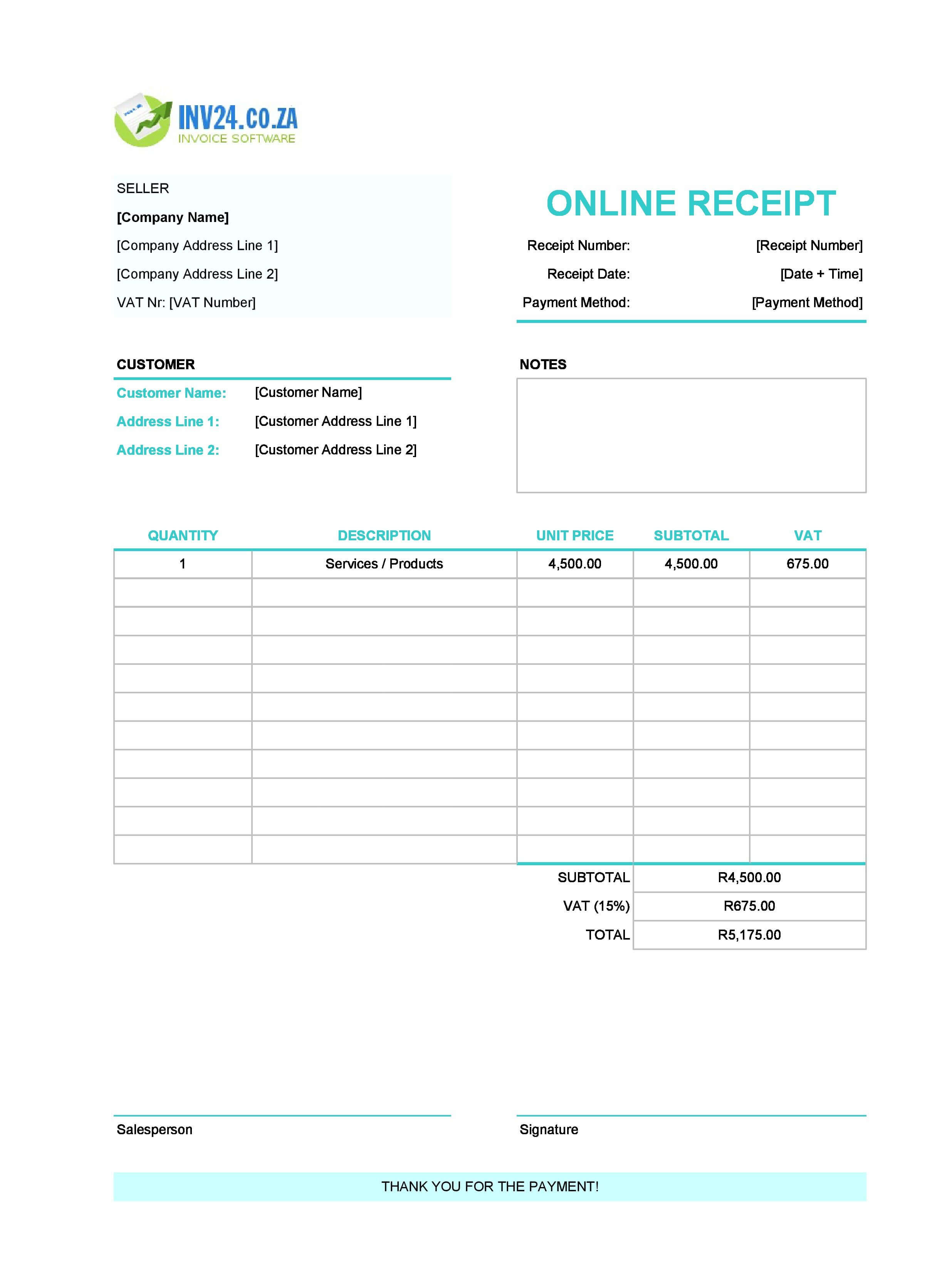 Online Receipt Template for South Africa (Excel / Google Sheets)