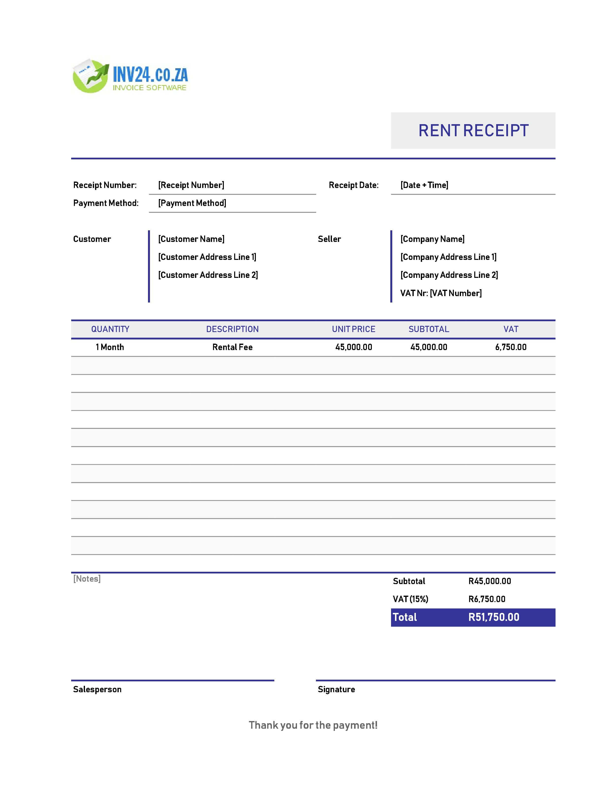 Online Rent Receipt Template for South Africa (Excel / Google Sheets)