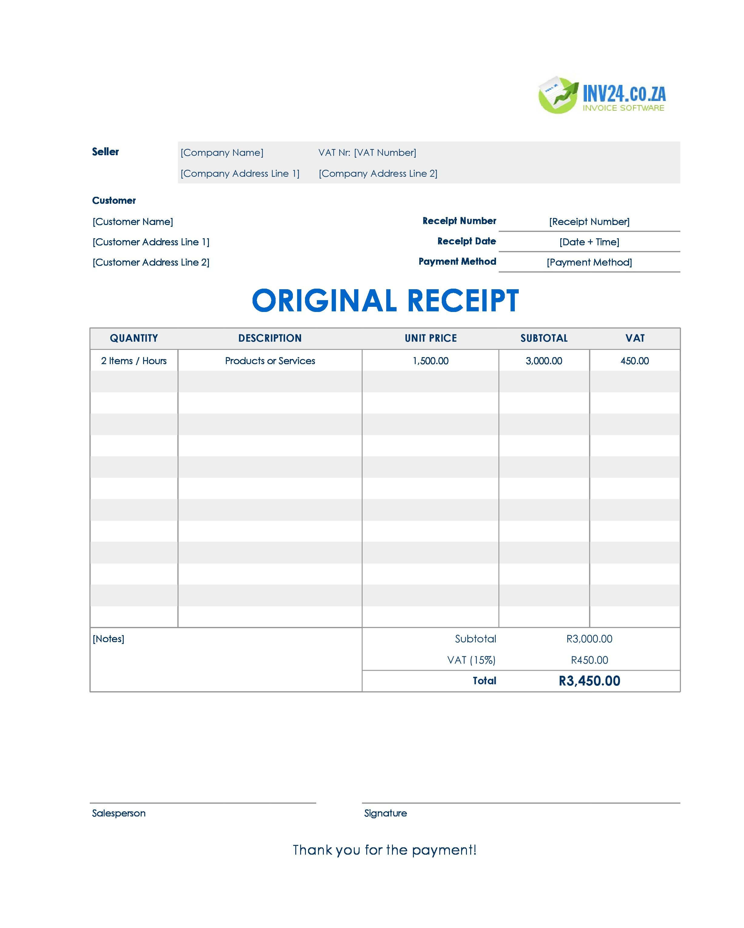 Original Receipt Template for South Africa (Excel / Google Sheets)