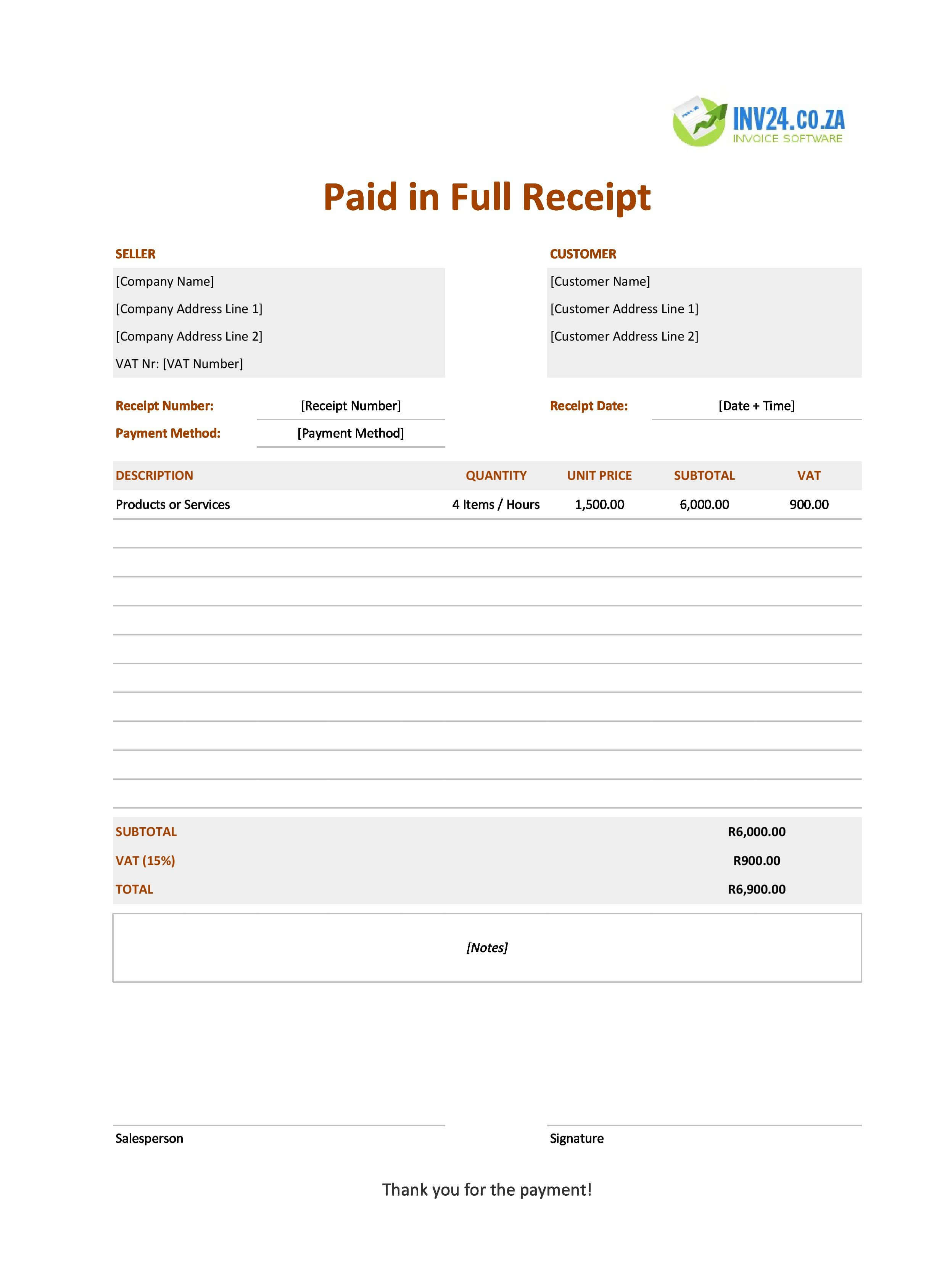 Paid in Full Receipt Template for South Africa (Excel / Google Sheets)