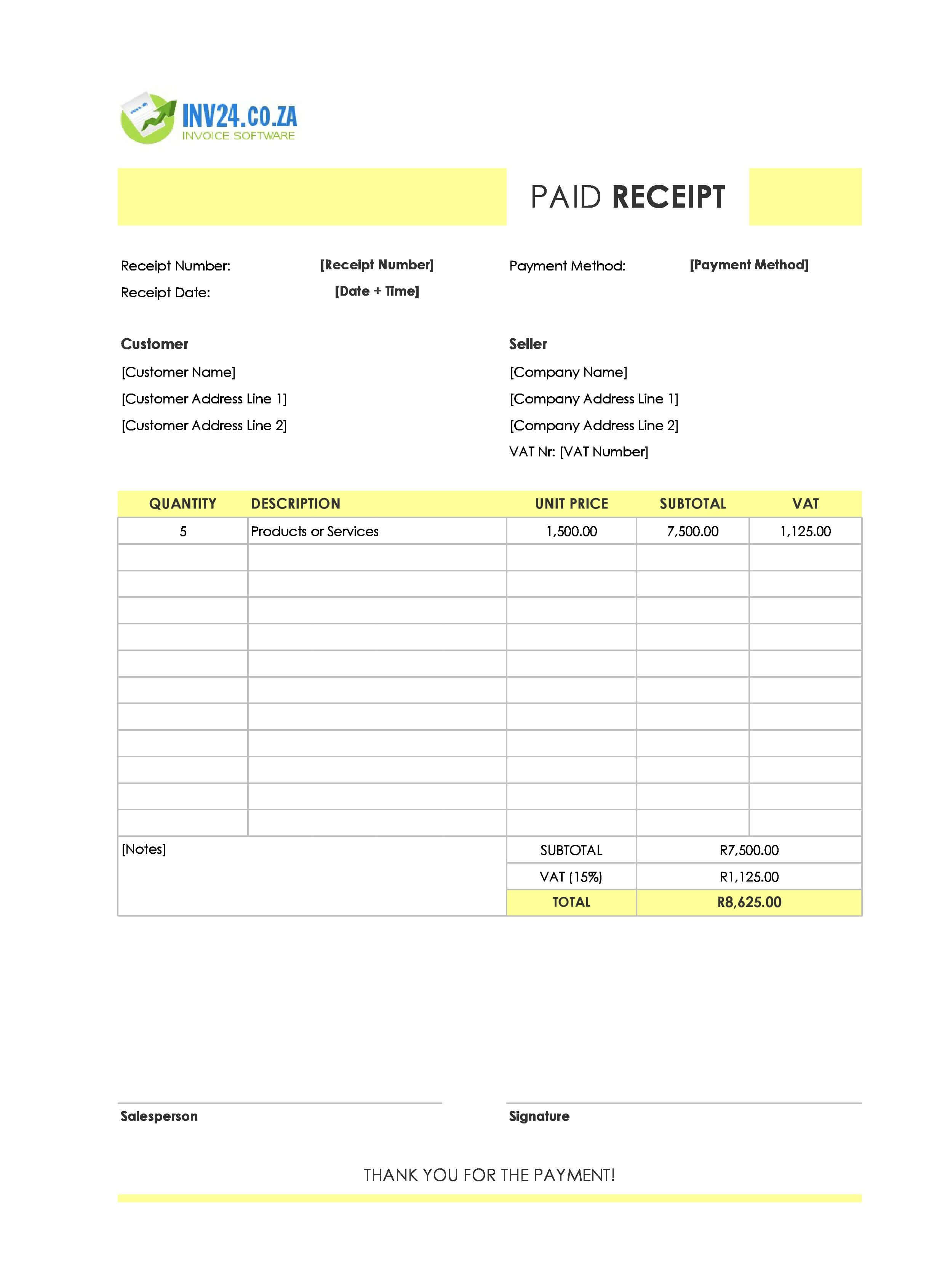 Paid Receipt Template for South Africa (Excel / Google Sheets)