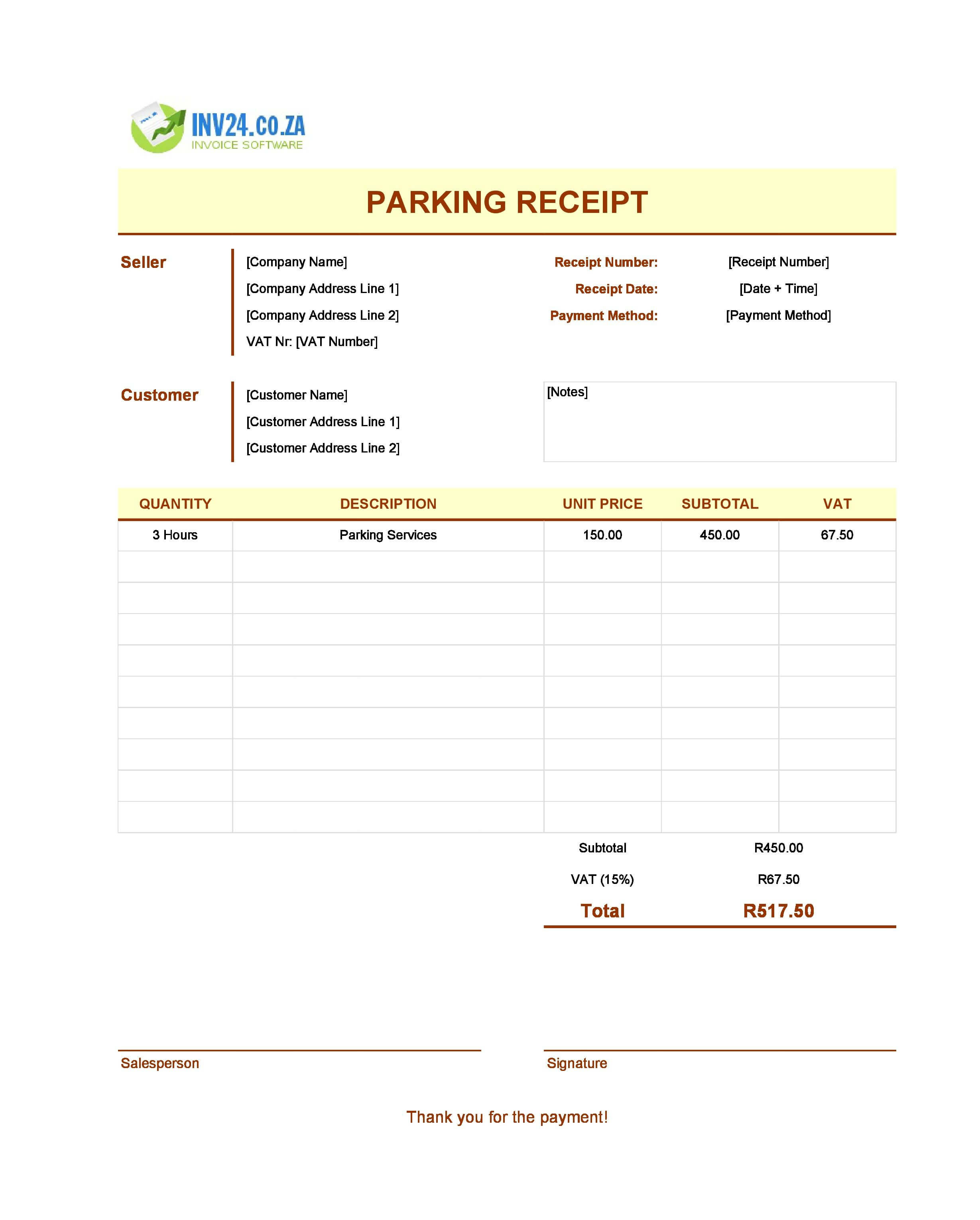 Parking Receipt Template for South Africa (Excel / Google Sheets)