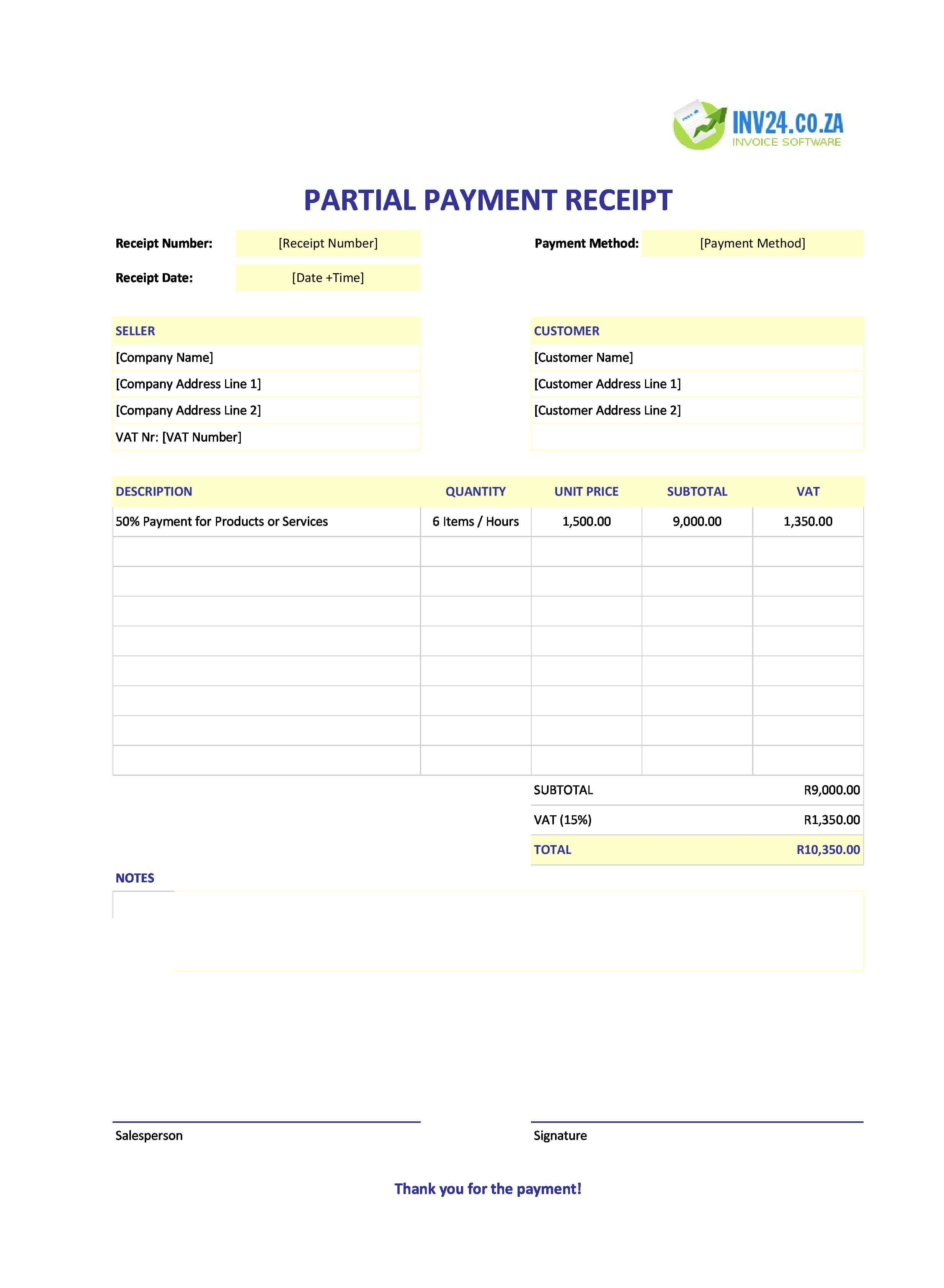 Partial Payment Receipt Template for South Africa (Excel / Google Sheets)