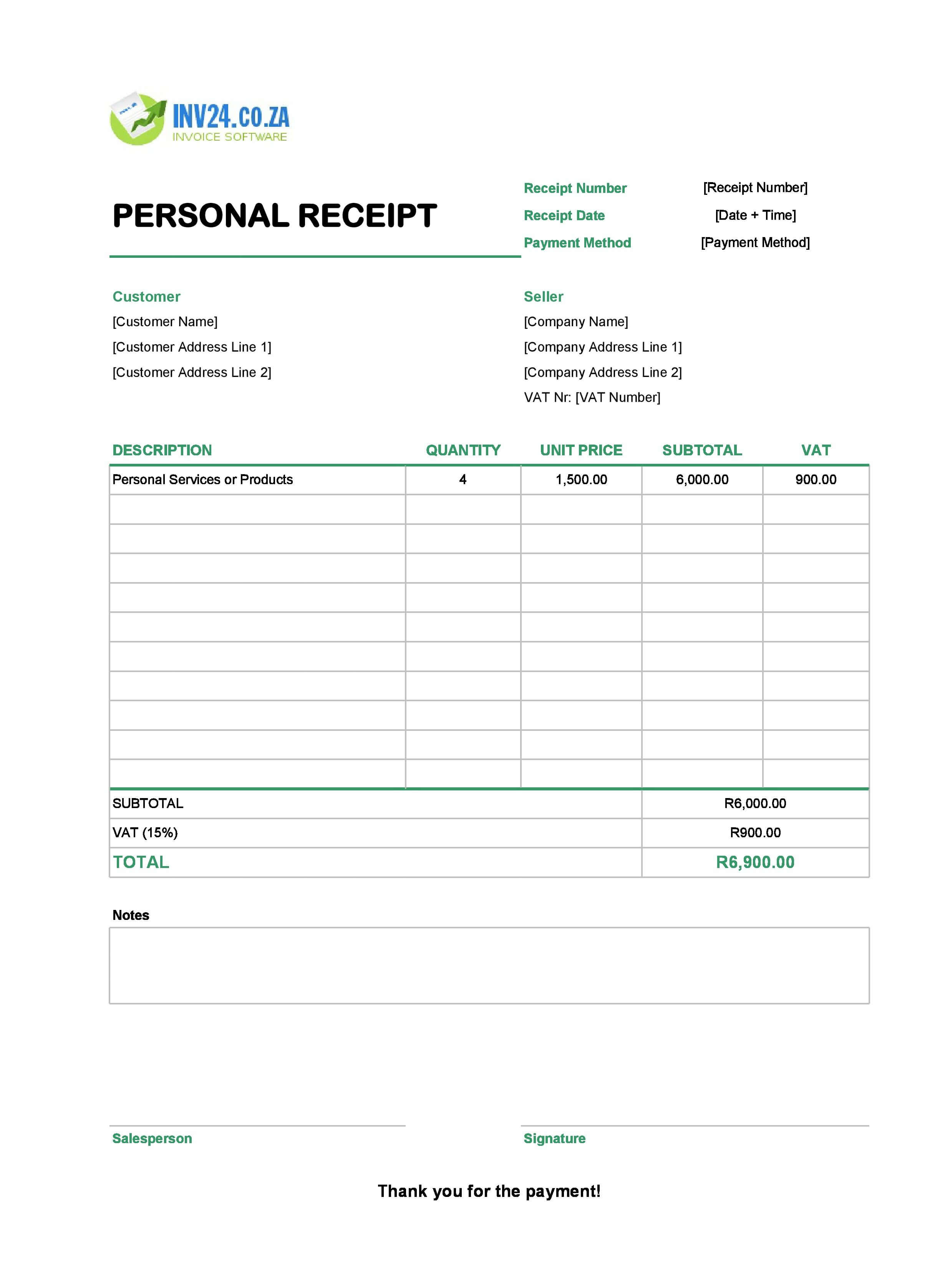 Personal Receipt Template for South Africa (Excel / Google Sheets)