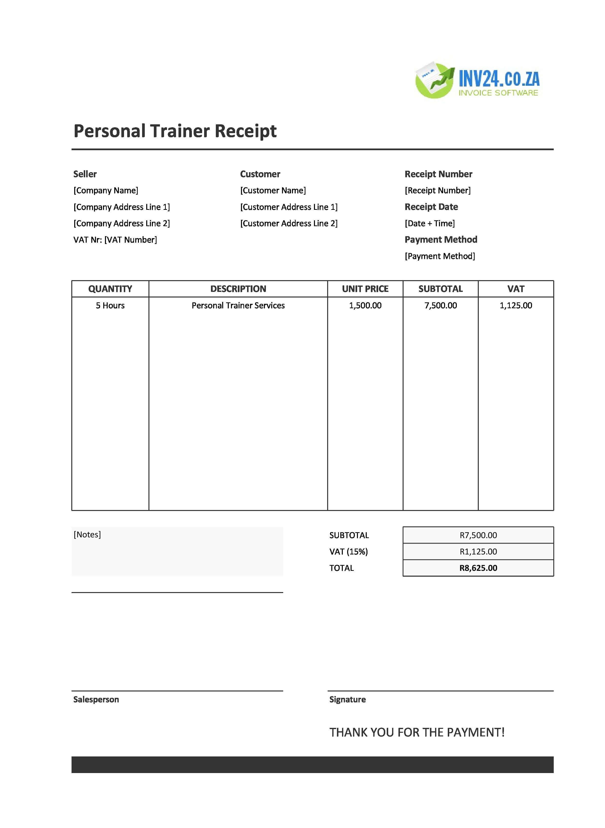 Personal Trainer Receipt Template for South Africa (Excel / Google Sheets)