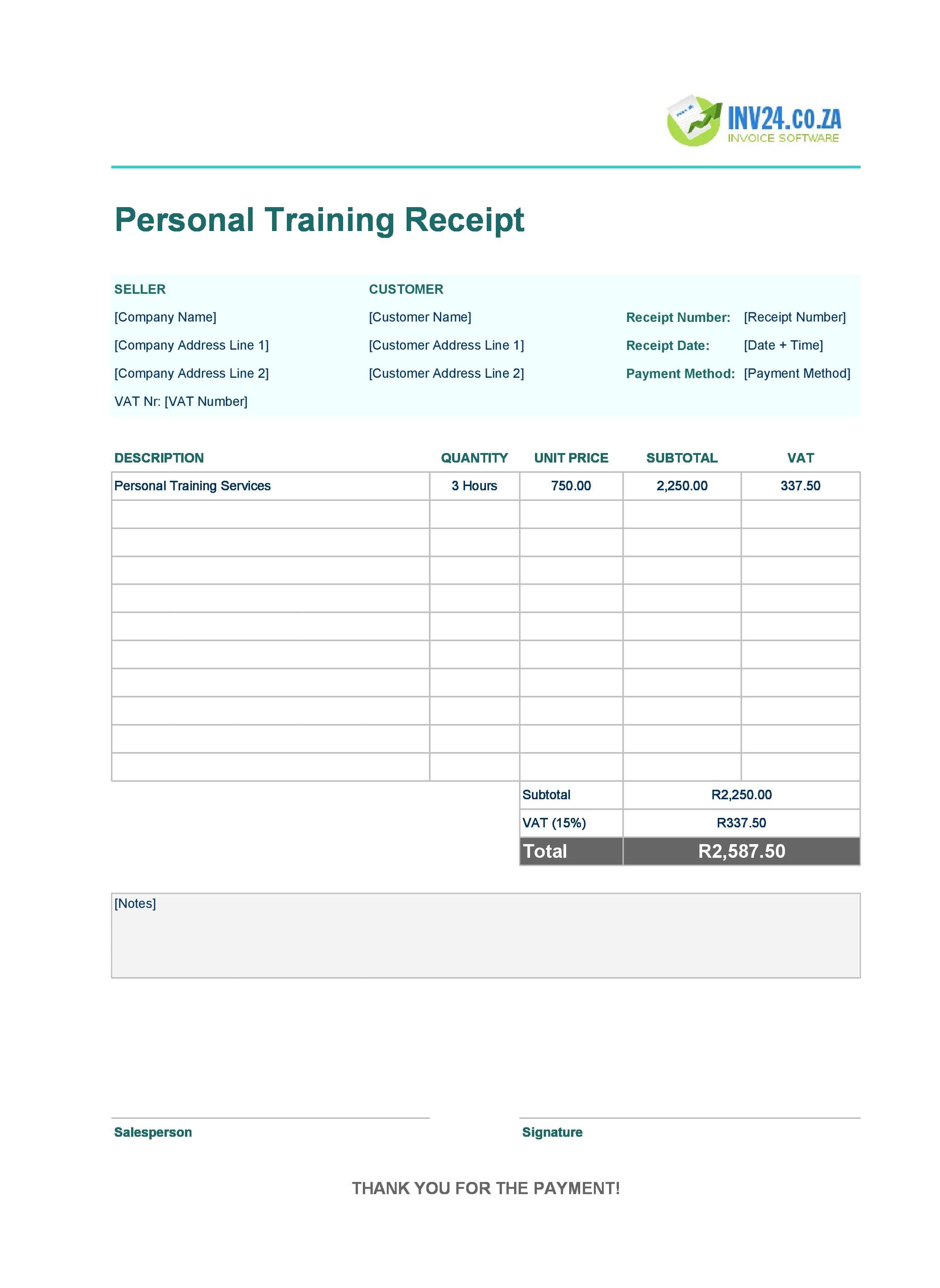 Personal Training Receipt Template for South Africa (Excel / Google Sheets)