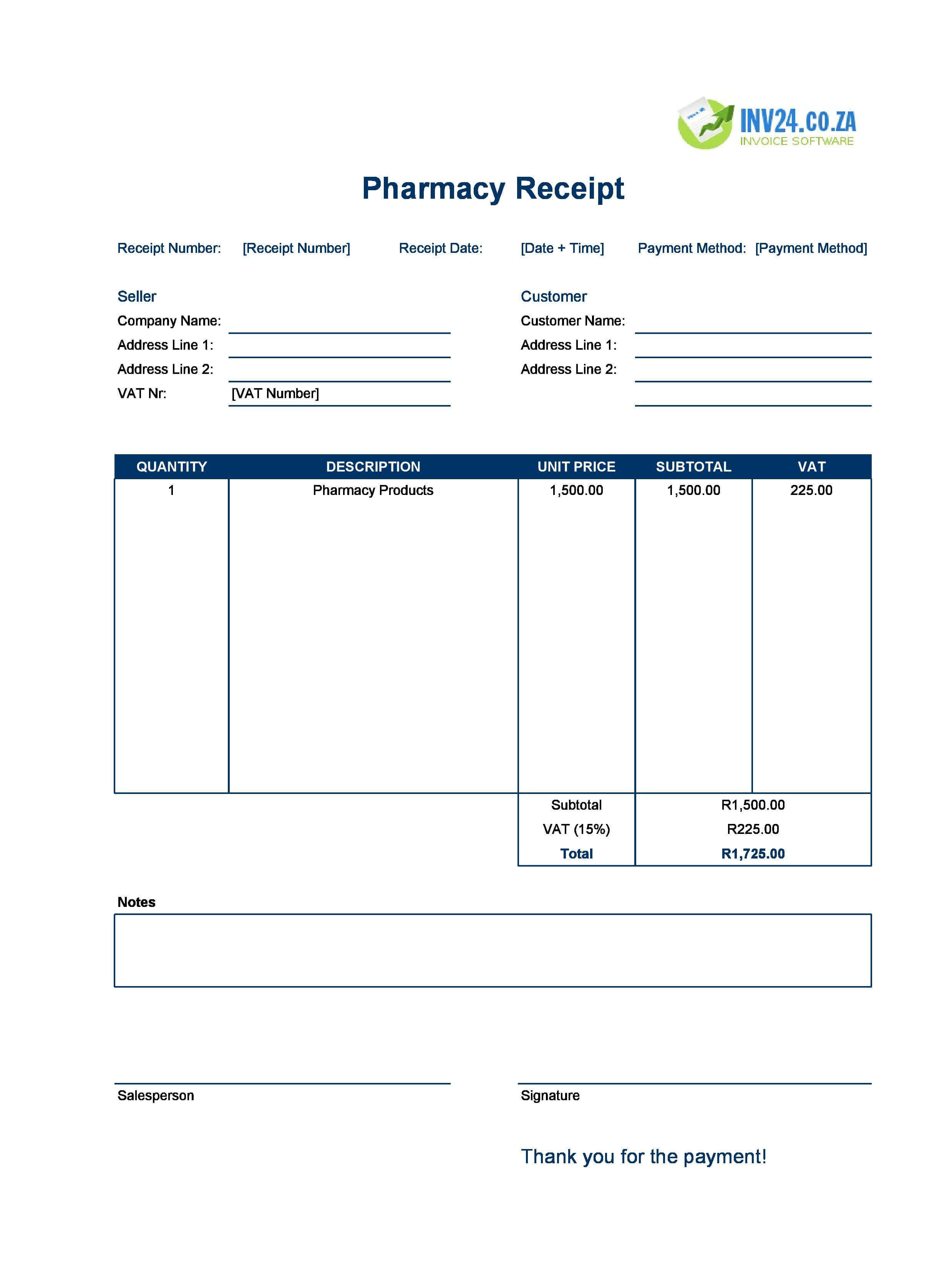 Pharmacy Receipt Template for South Africa (Excel / Google Sheets)