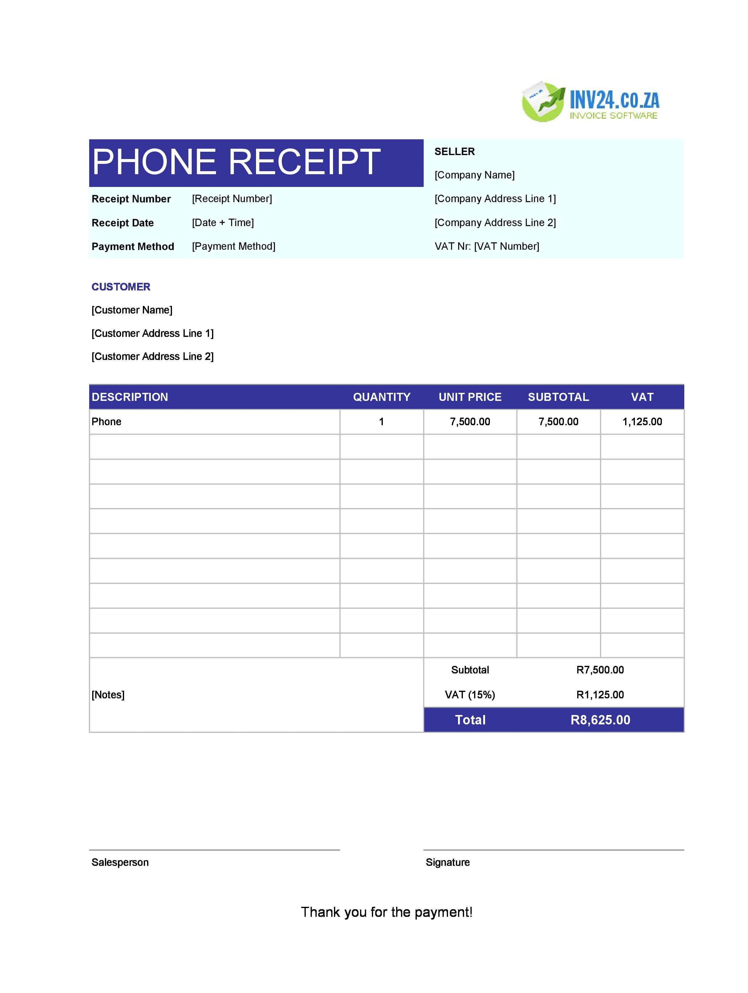 Phone Receipt Template for South Africa (Excel / Google Sheets)