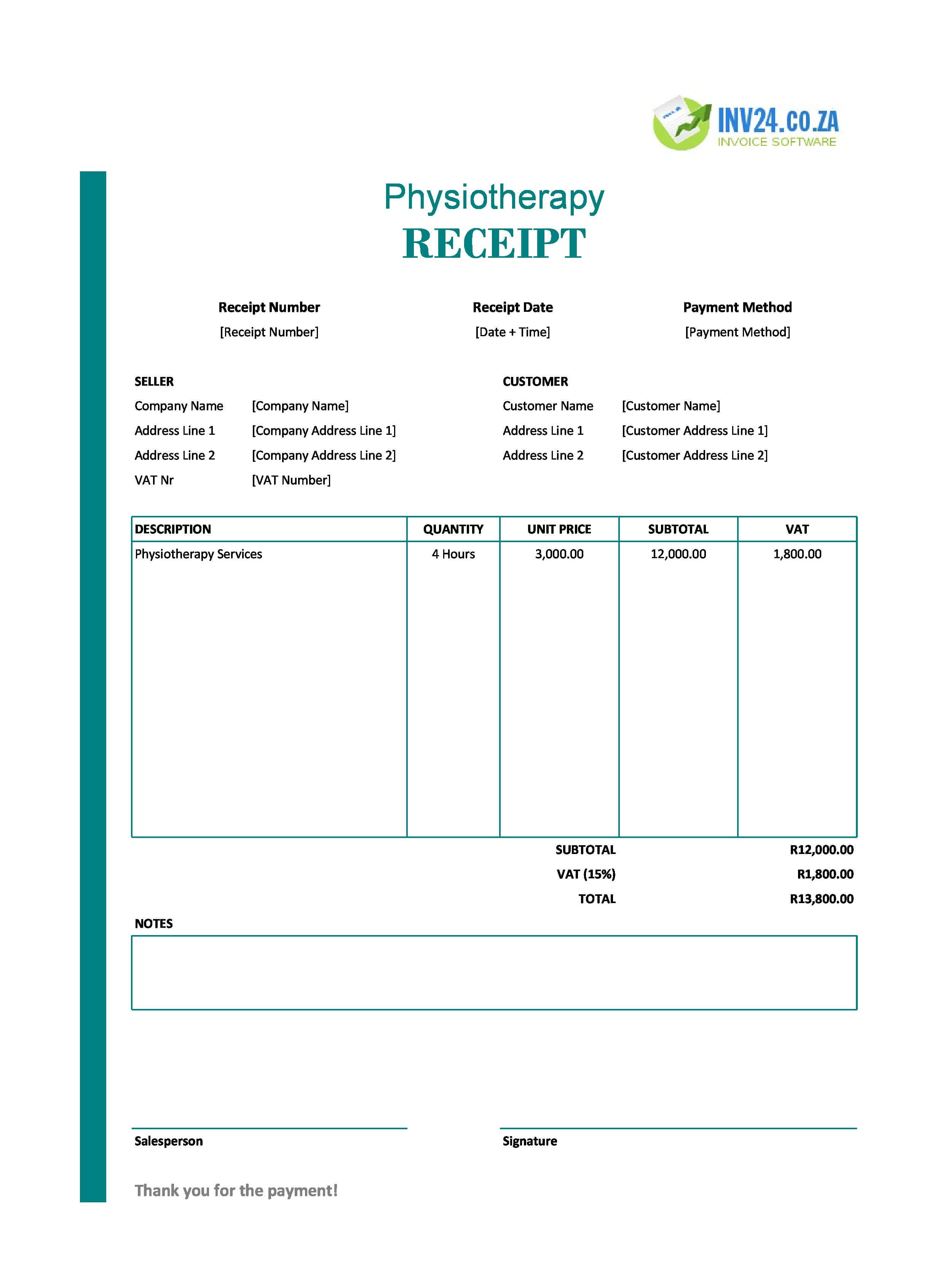 Physiotherapy Receipt Template for South Africa (Excel / Google Sheets)