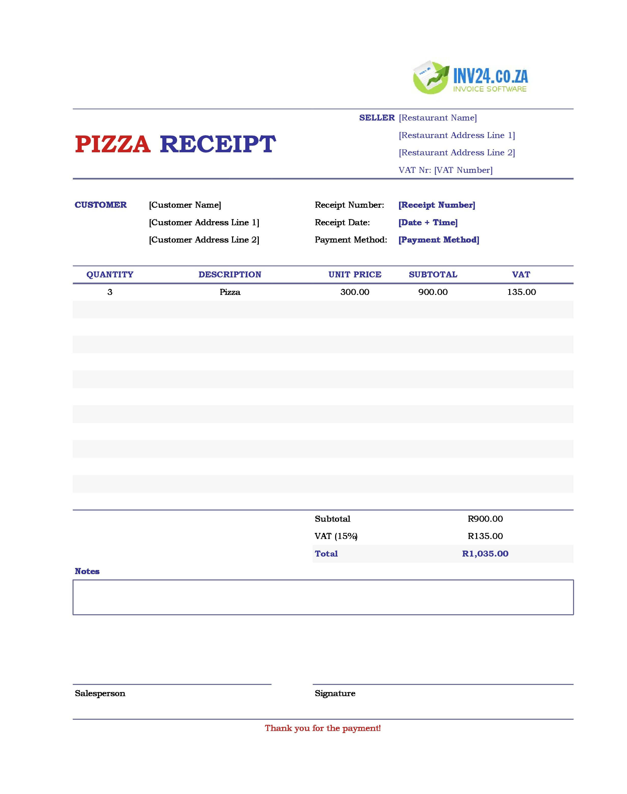 Pizza Receipt Template for South Africa (Excel / Google Sheets)