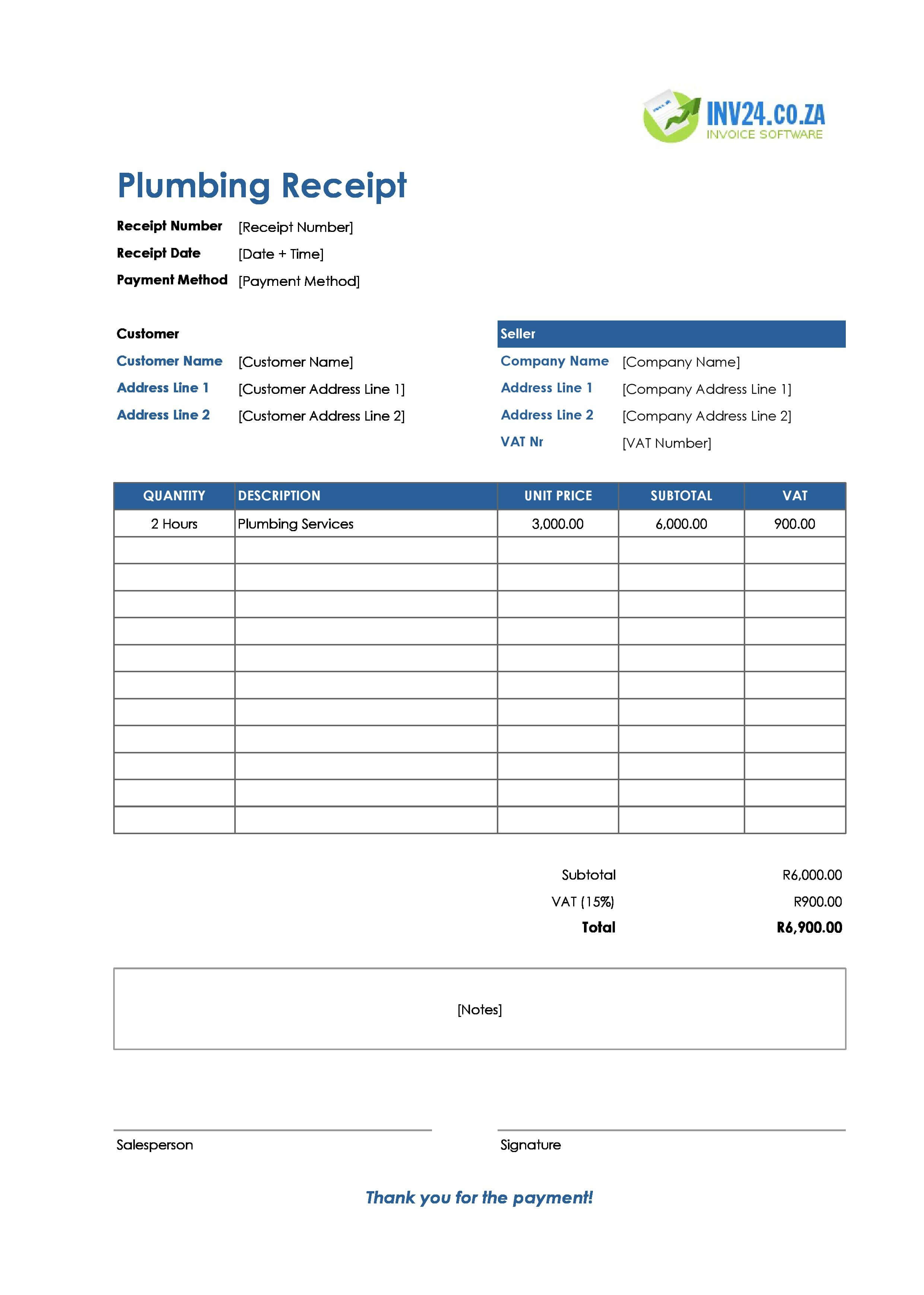 Plumbing Receipt Template for South Africa (Excel / Google Sheets)