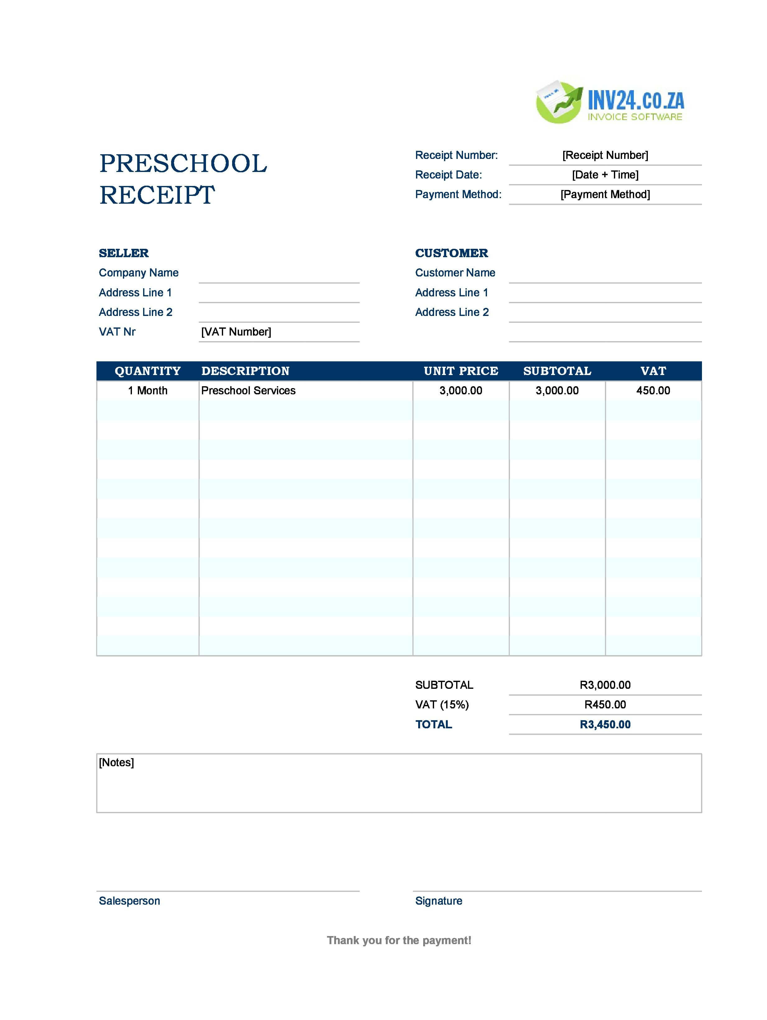 Preschool Receipt Template for South Africa (Excel / Google Sheets)