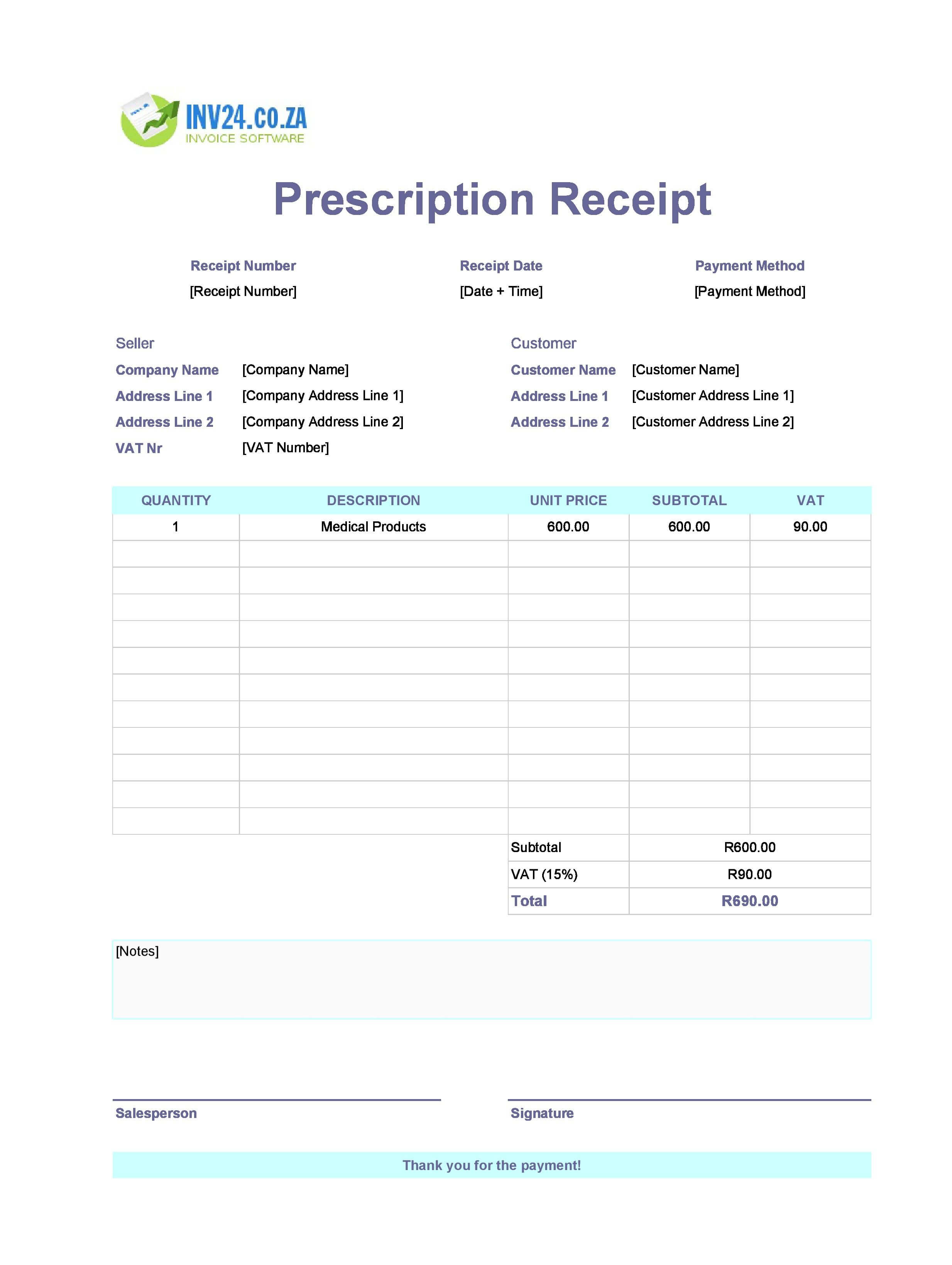 Prescription Receipt Template for South Africa (Excel / Google Sheets)
