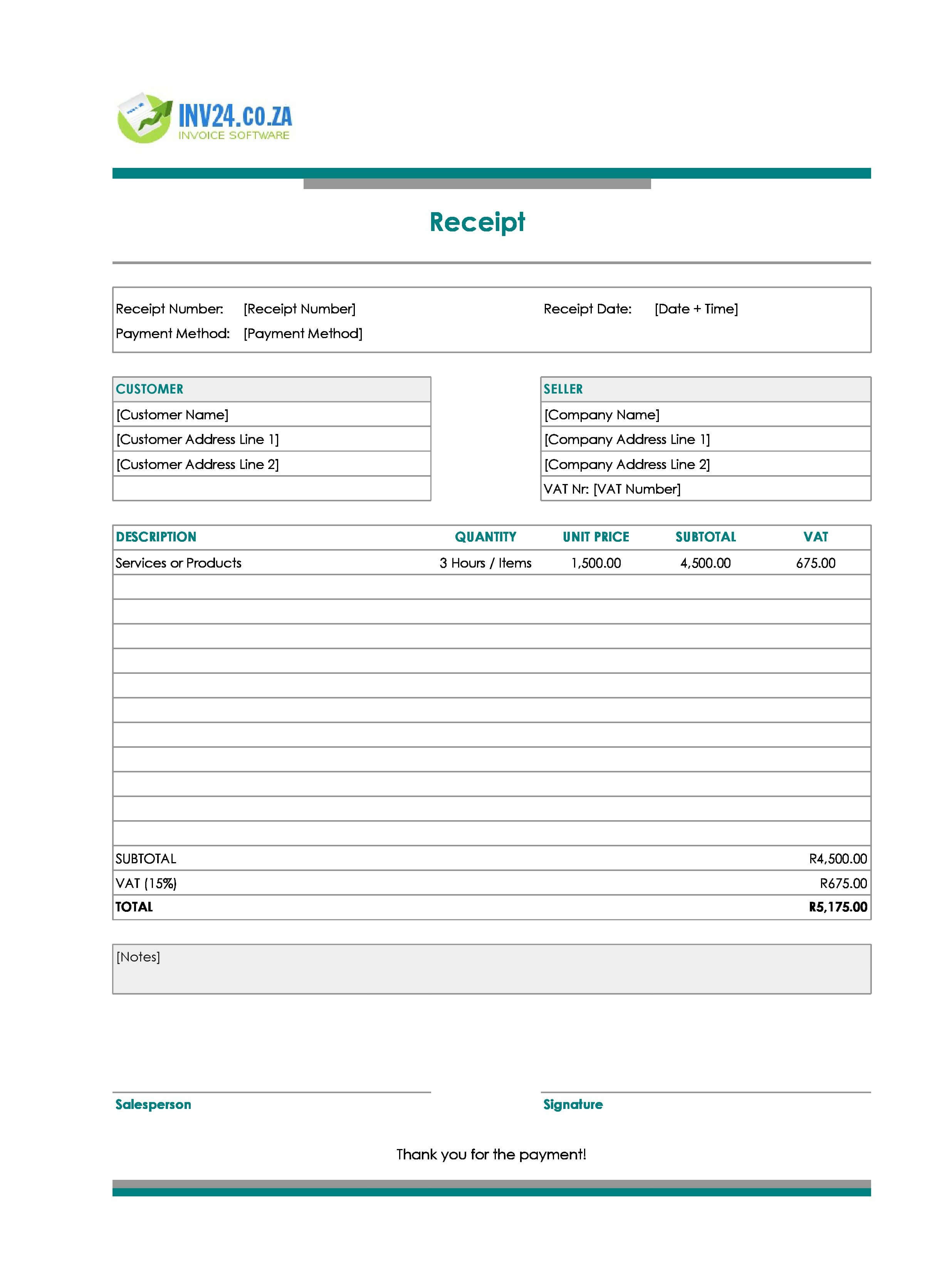 Printable Blank Receipt Template for South Africa (Excel / Google Sheets)