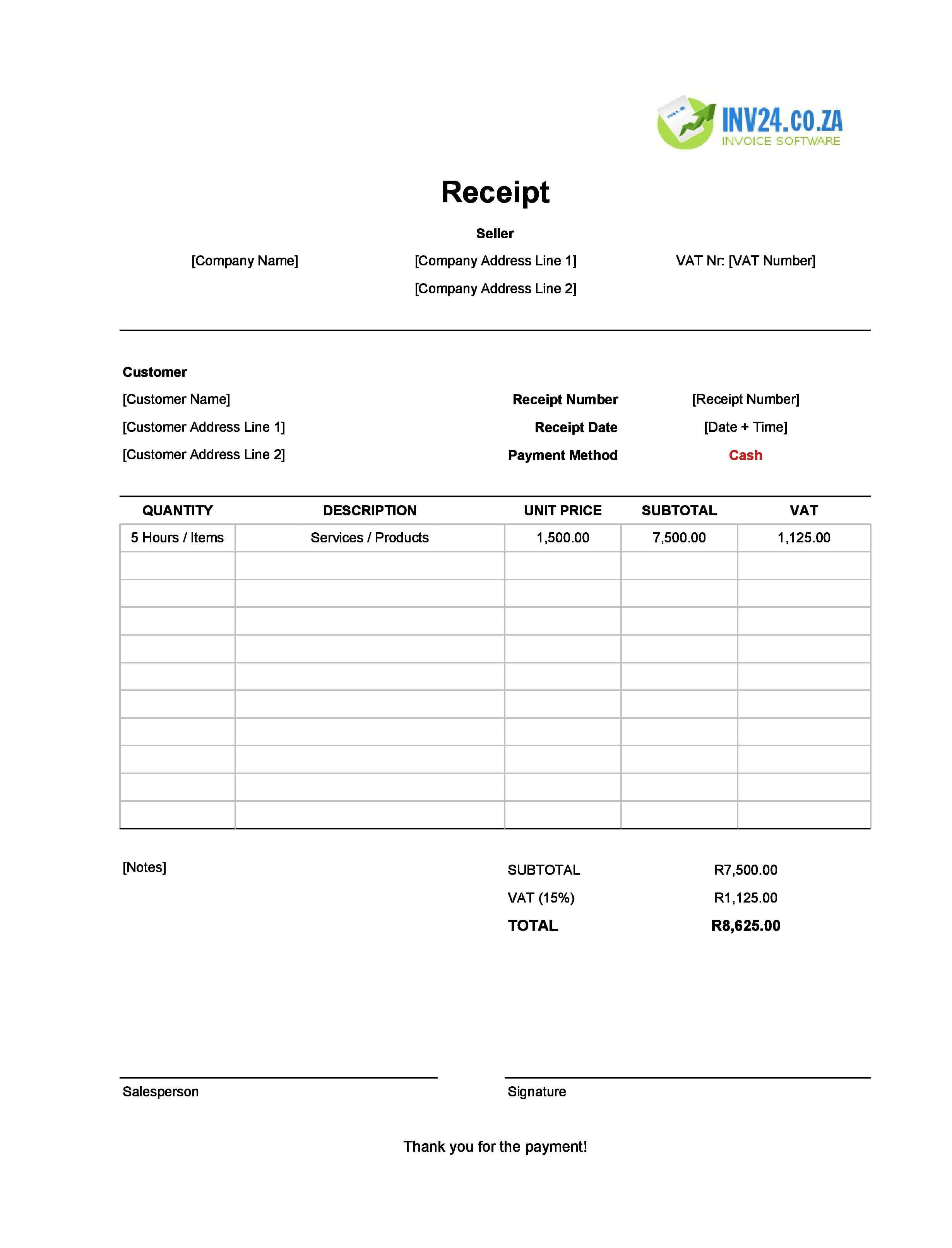 Printable Cash Receipt Template for South Africa (Excel / Google Sheets)