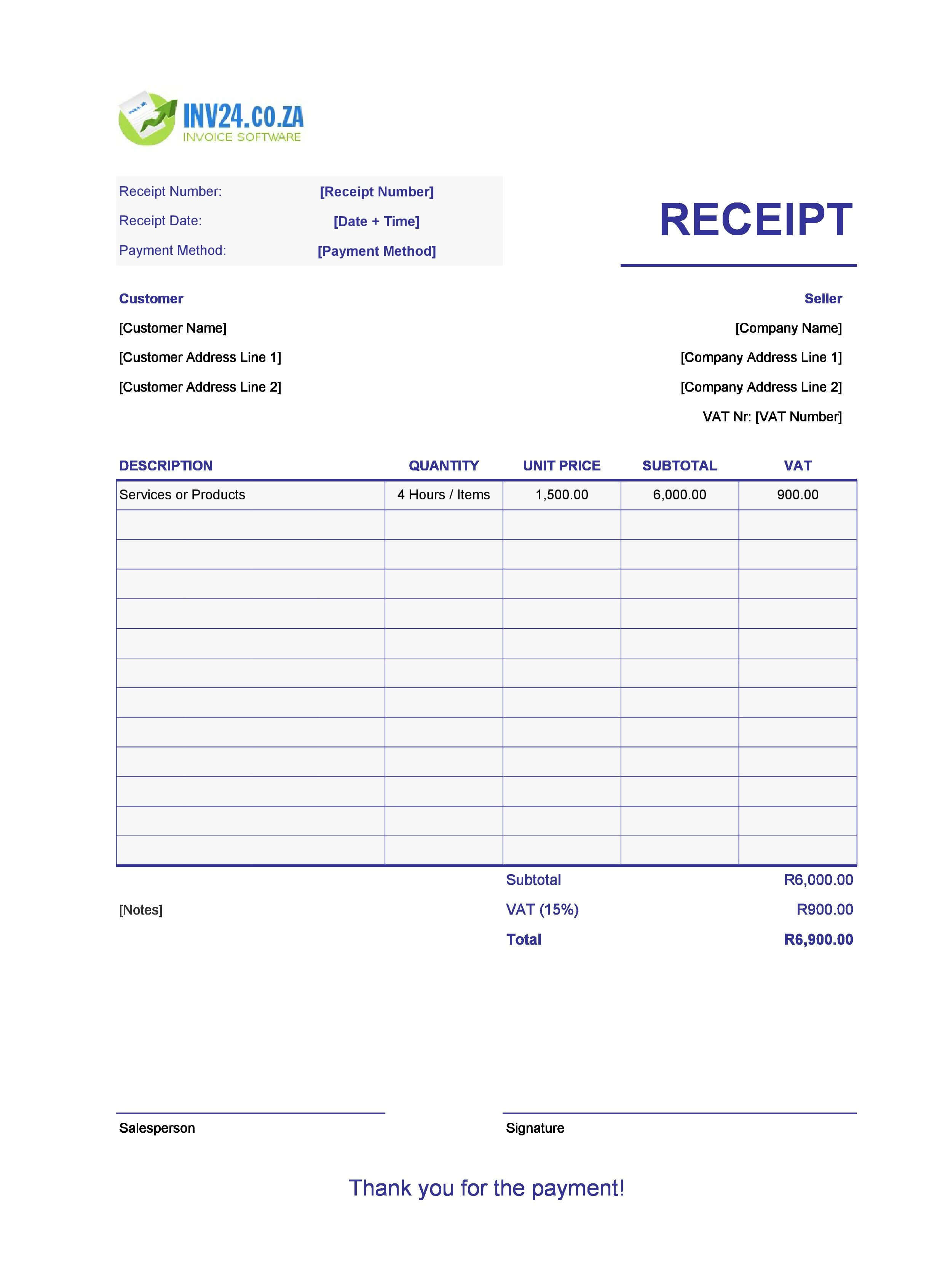 Printable Payment Receipt Template for South Africa (Excel / Google Sheets)