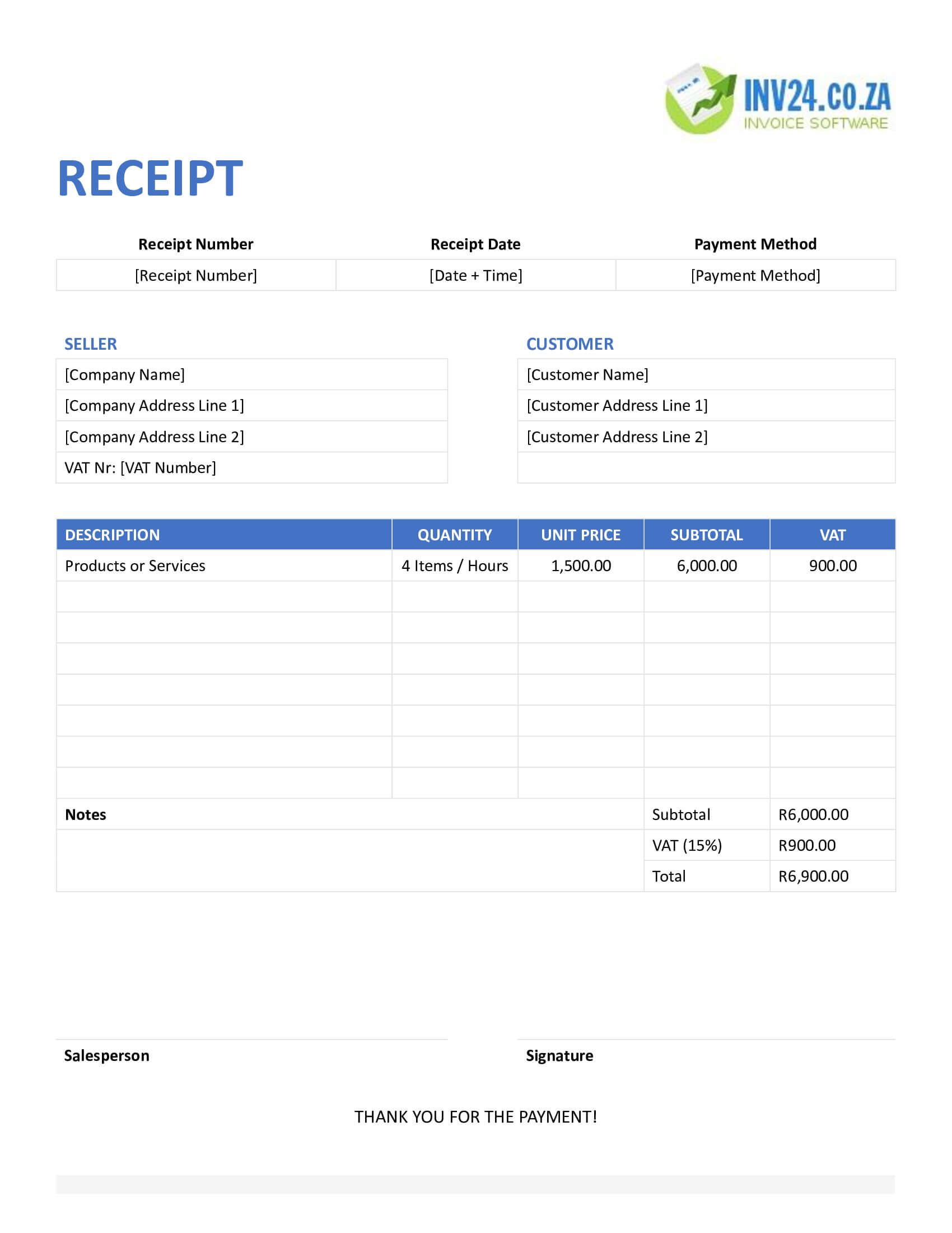 Printable Receipt Template for South Africa (Word / Google Docs)