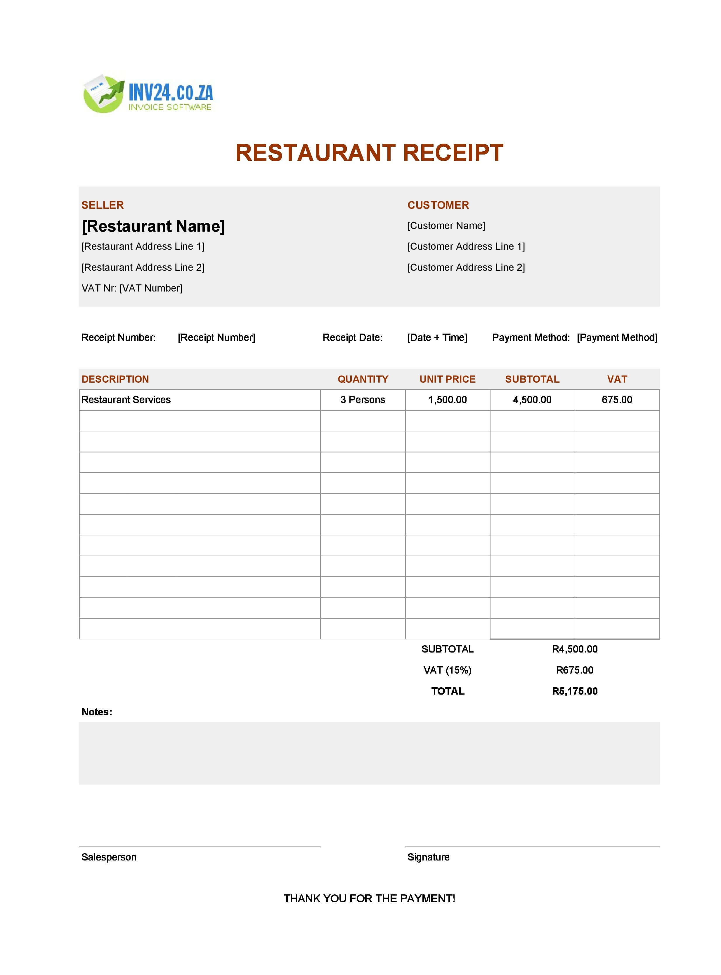 Printable Restaurant Receipt Template for South Africa (Excel / Google Sheets)