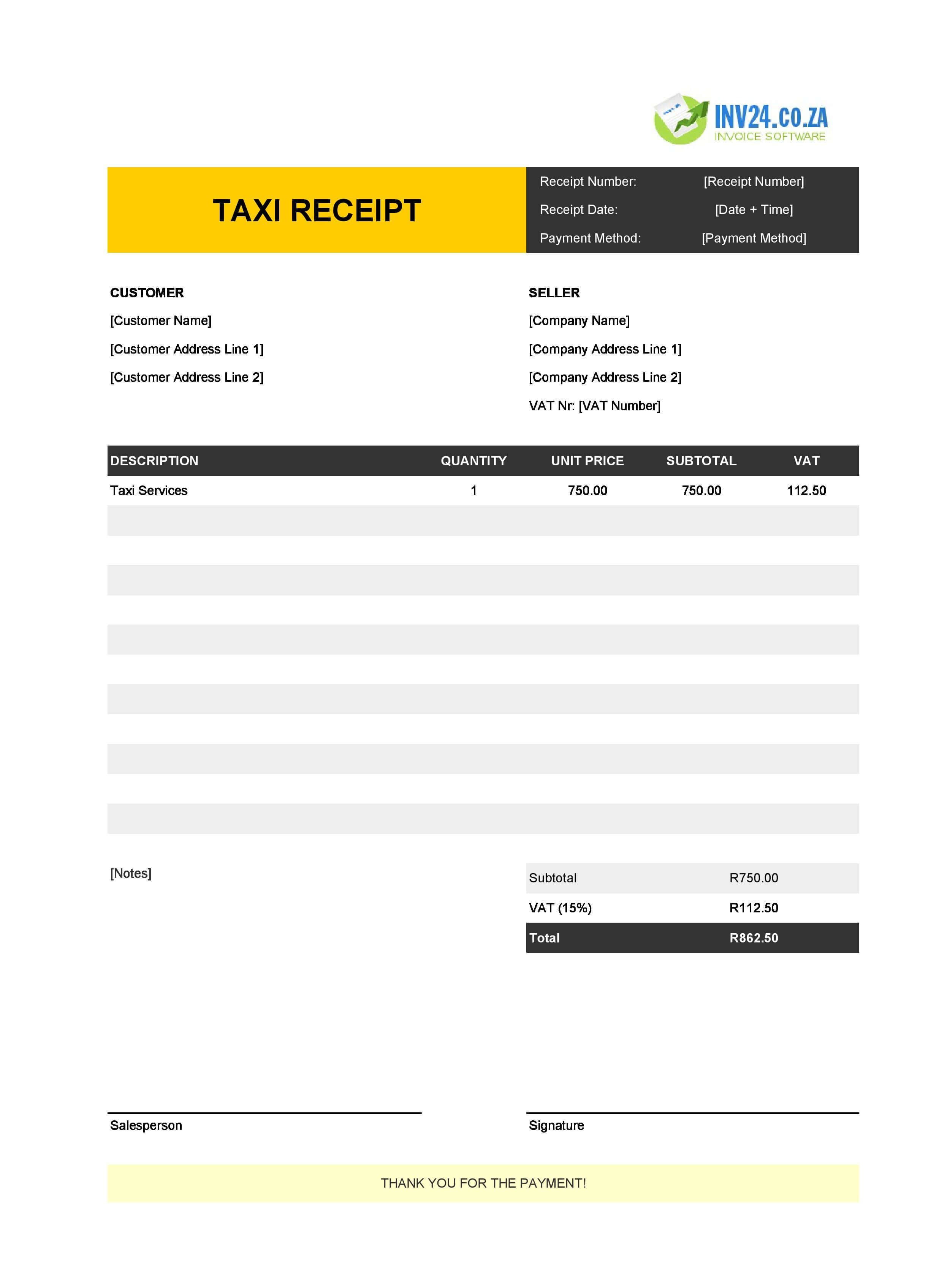 Printable Taxi Receipt Template for South Africa (Excel / Google Sheets)