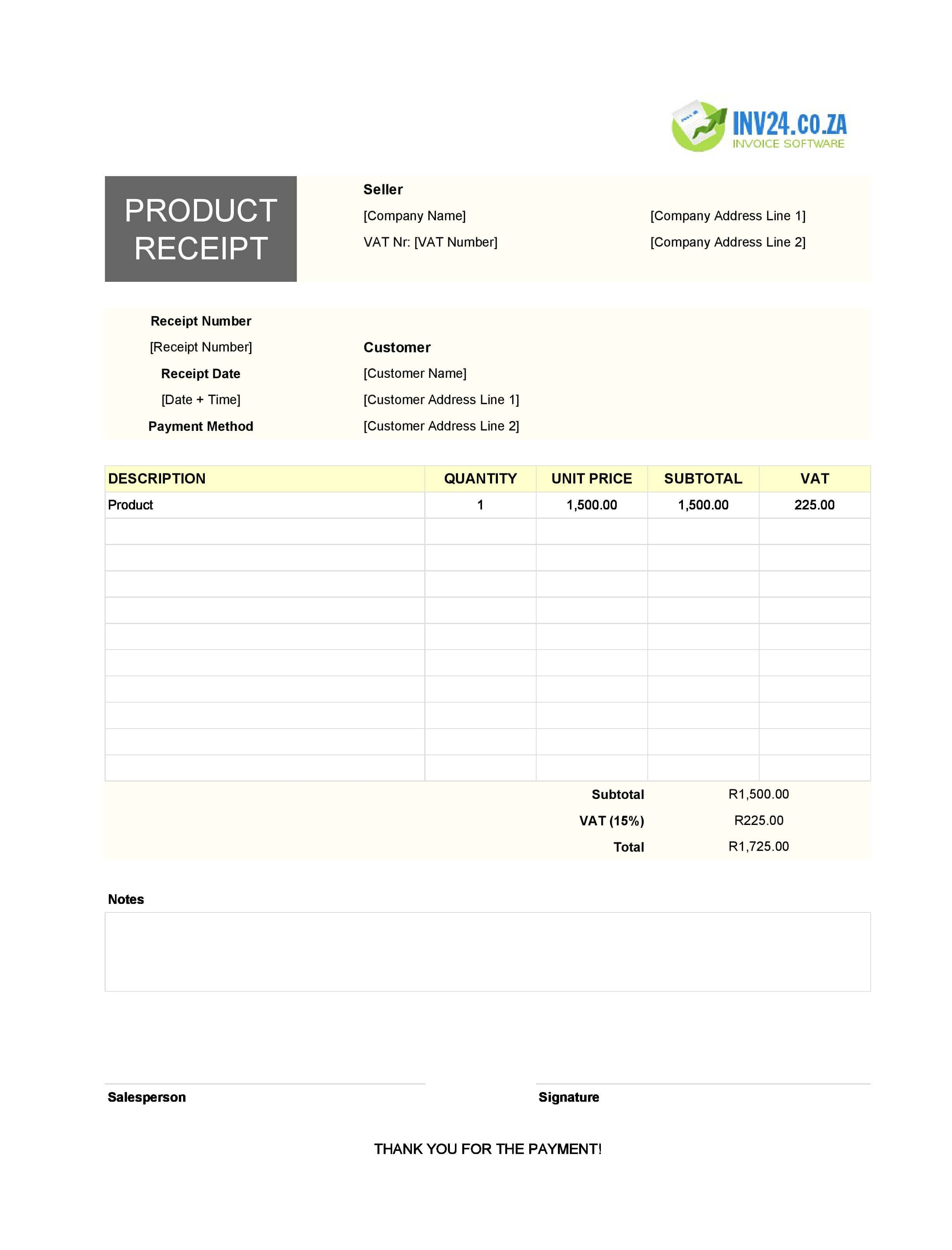 Product Receipt Template for South Africa (Excel / Google Sheets)