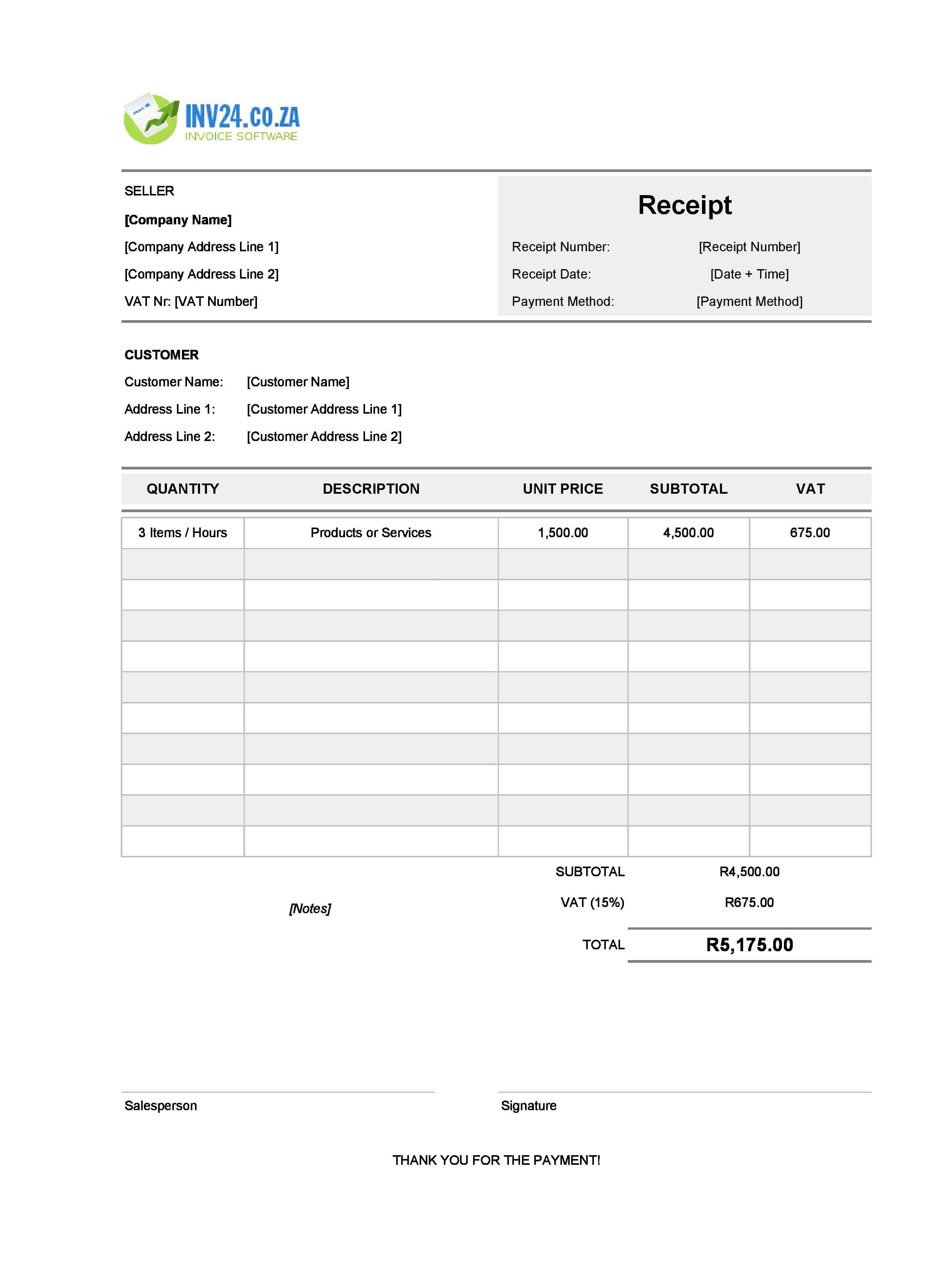 Proof of Payment Receipt Template for South Africa (Excel / Google Sheets)