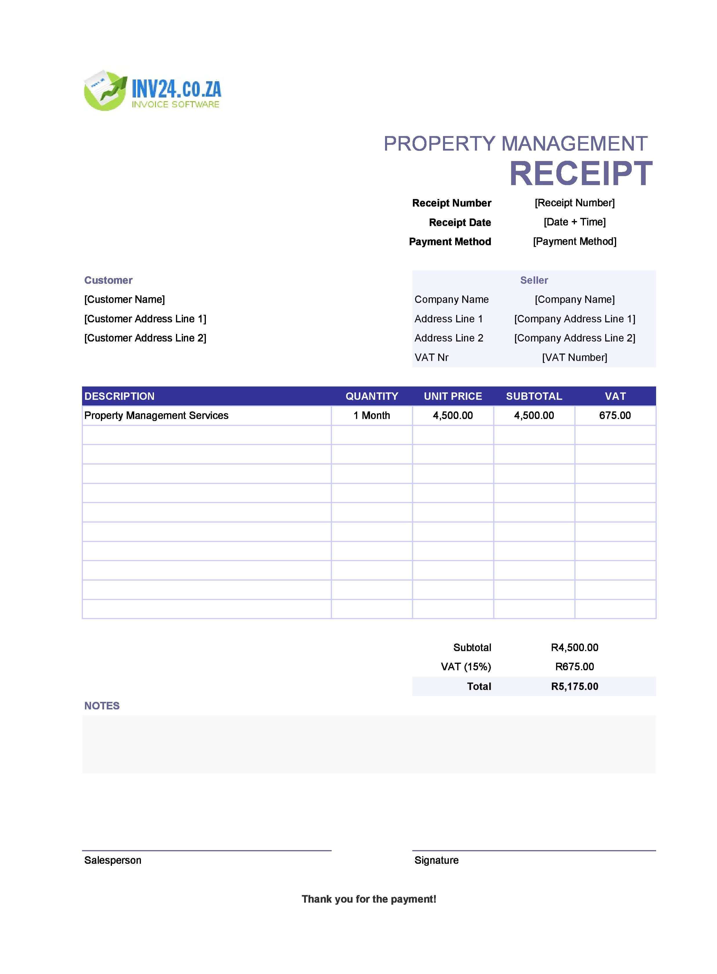 Property Management Receipt Template for South Africa (Excel / Google Sheets)
