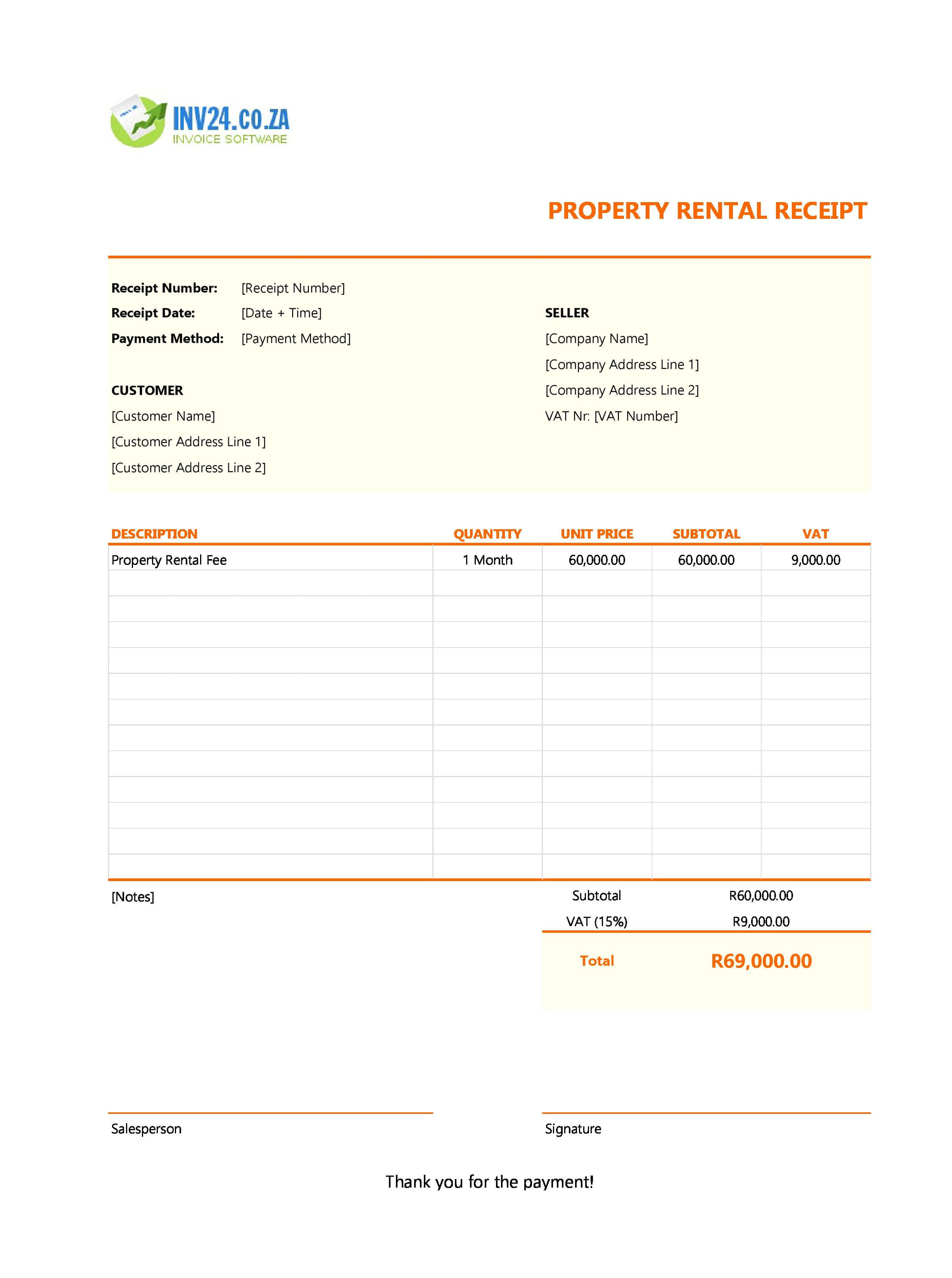Property Rental Receipt Template for South Africa (Excel / Google Sheets)