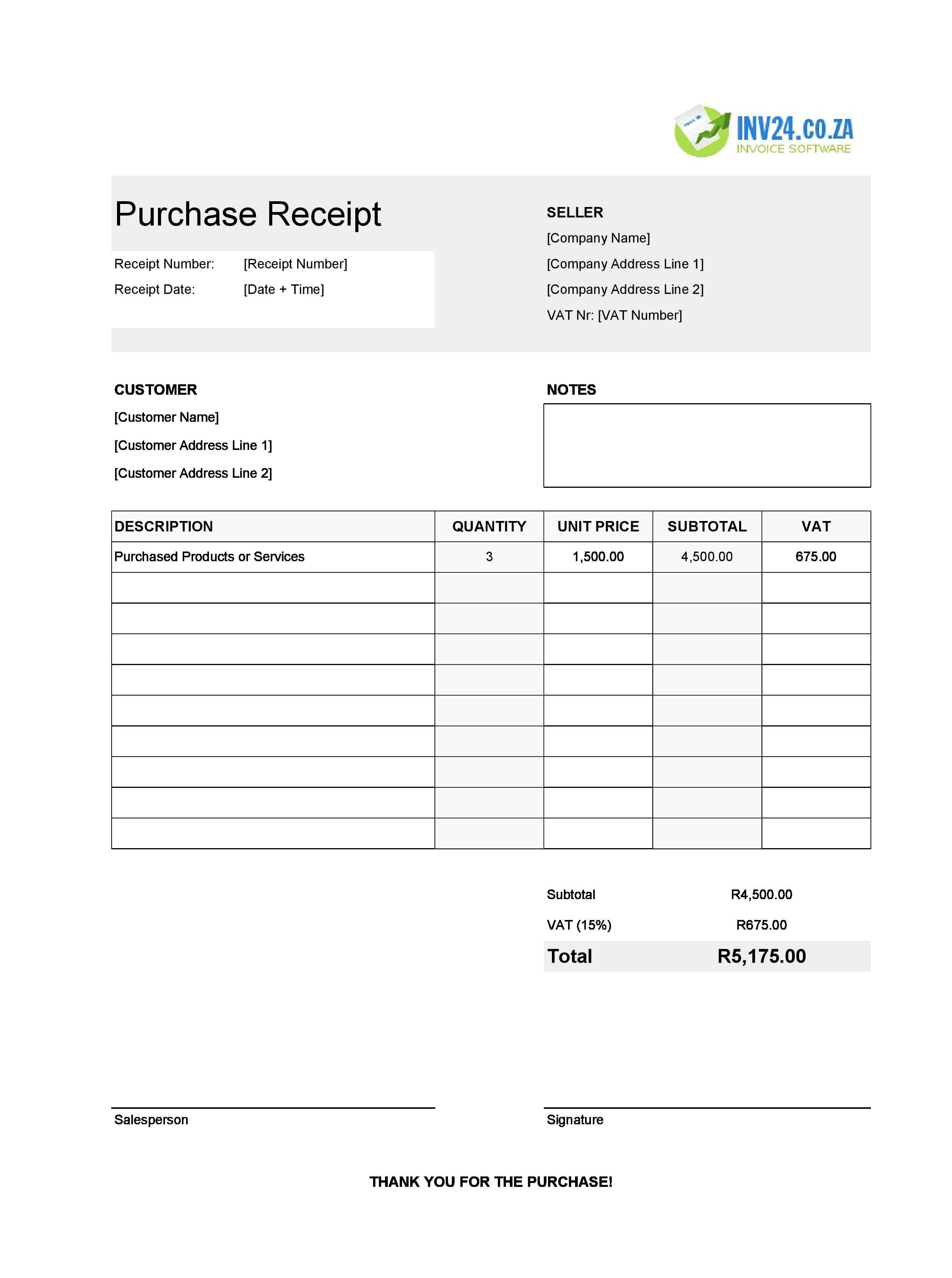 Purchase Receipt Template for South Africa (Excel / Google Sheets)