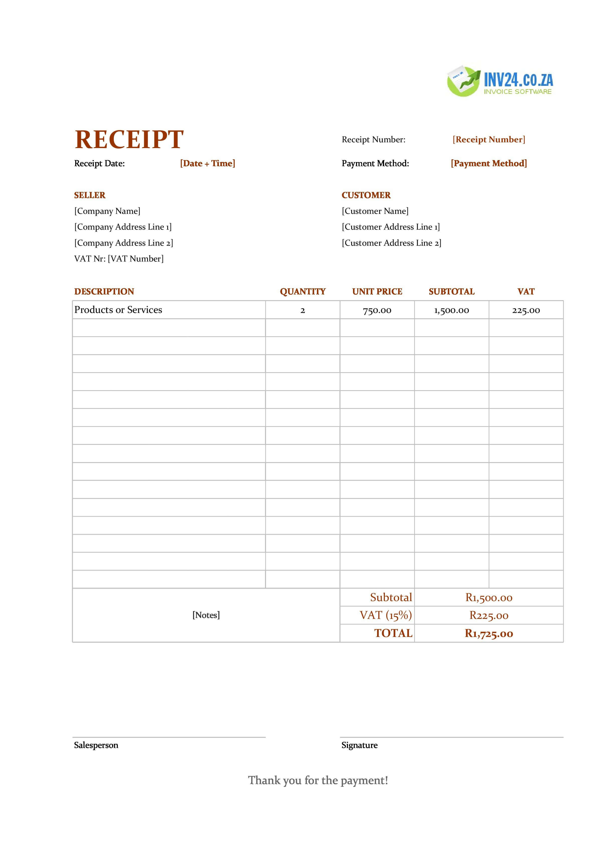 Receipt Example Template for South Africa (Excel / Google Sheets)