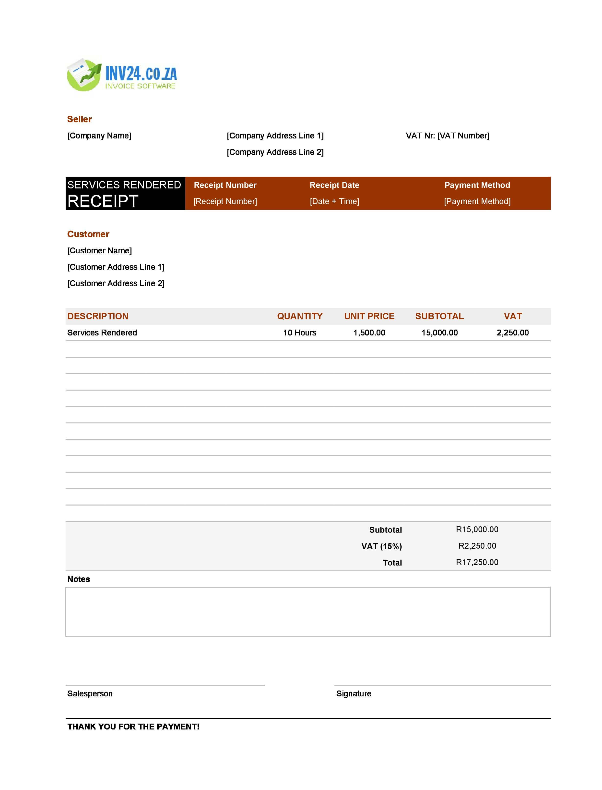 Receipt for Services Rendered Template for South Africa (Excel / Google Sheets)