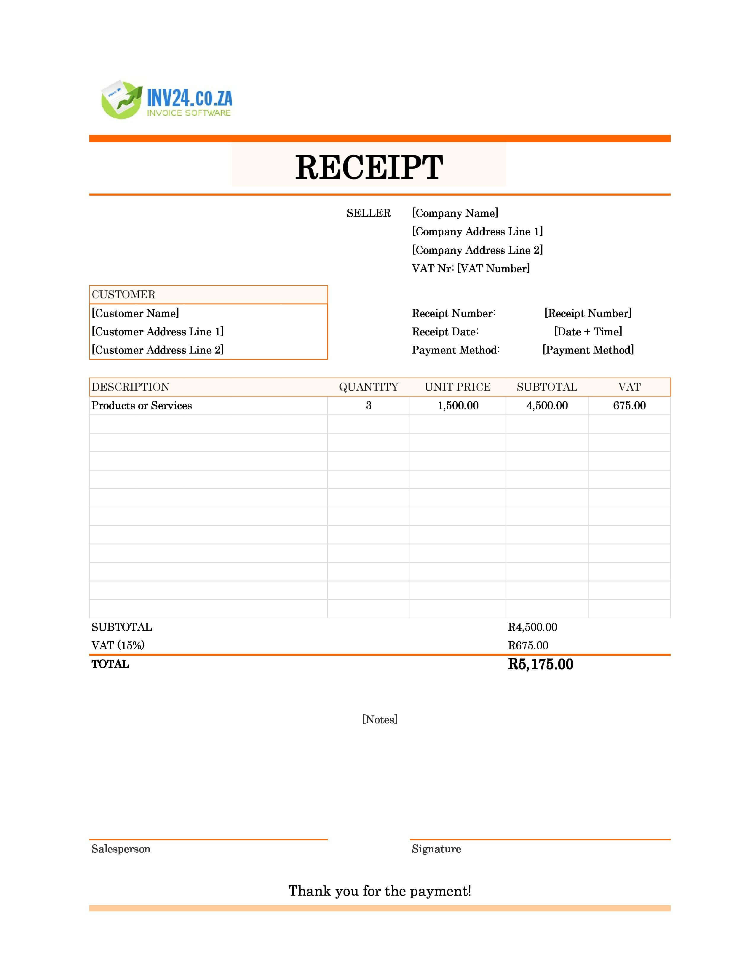 Receipt Format Template for South Africa (Excel / Google Sheets)