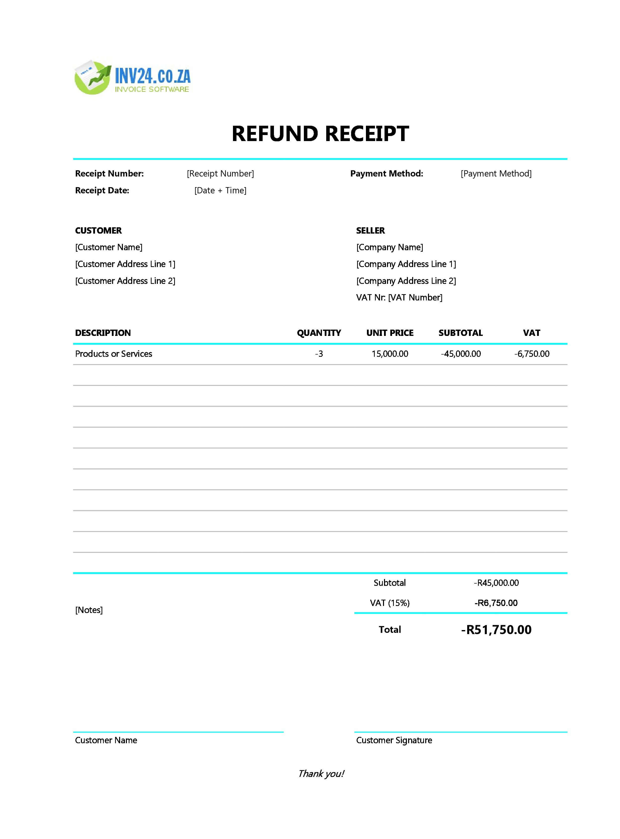 Refund Receipt Template for South Africa (Excel / Google Sheets)