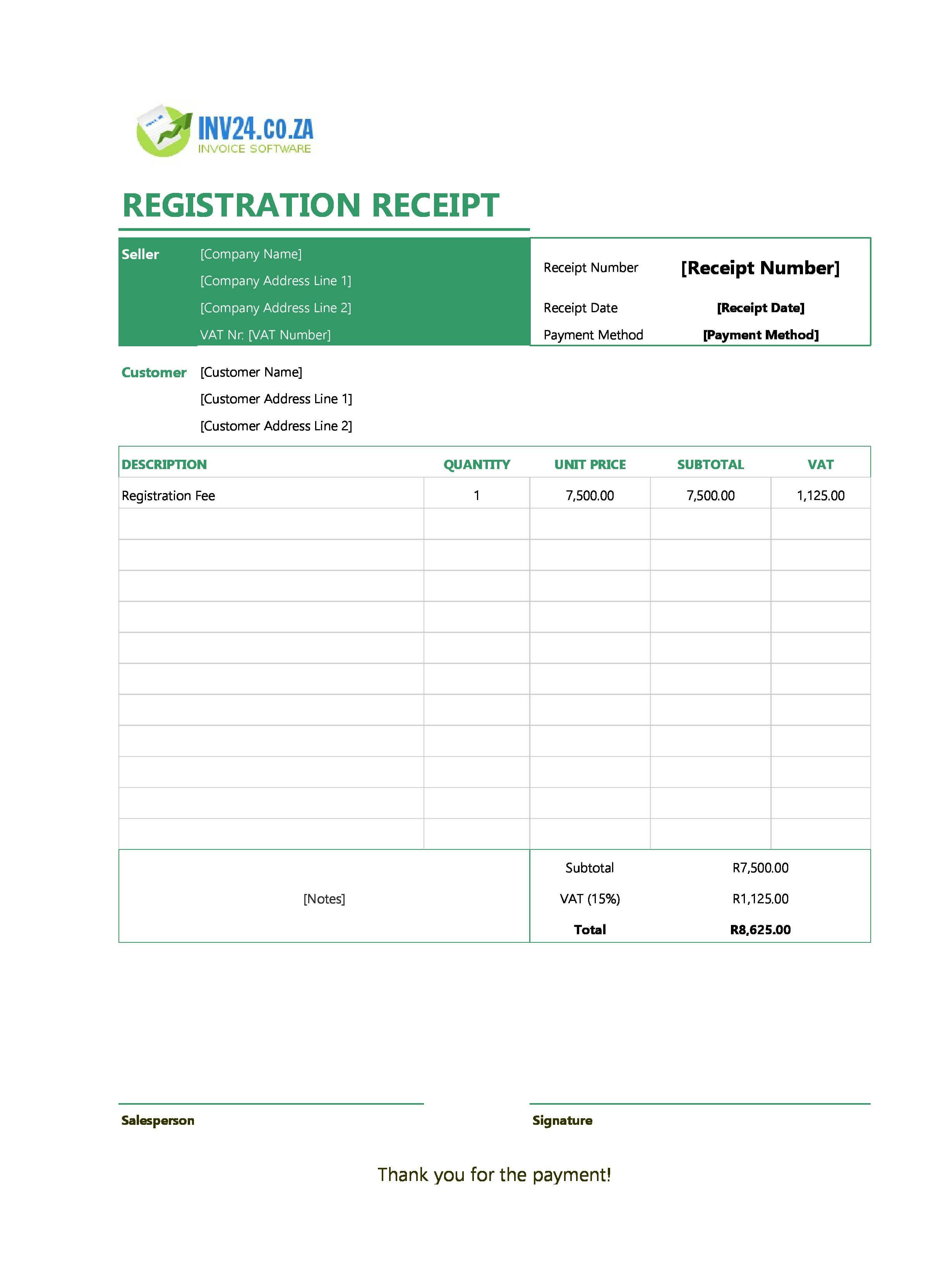 Registration Receipt Template for South Africa (Excel / Google Sheets)