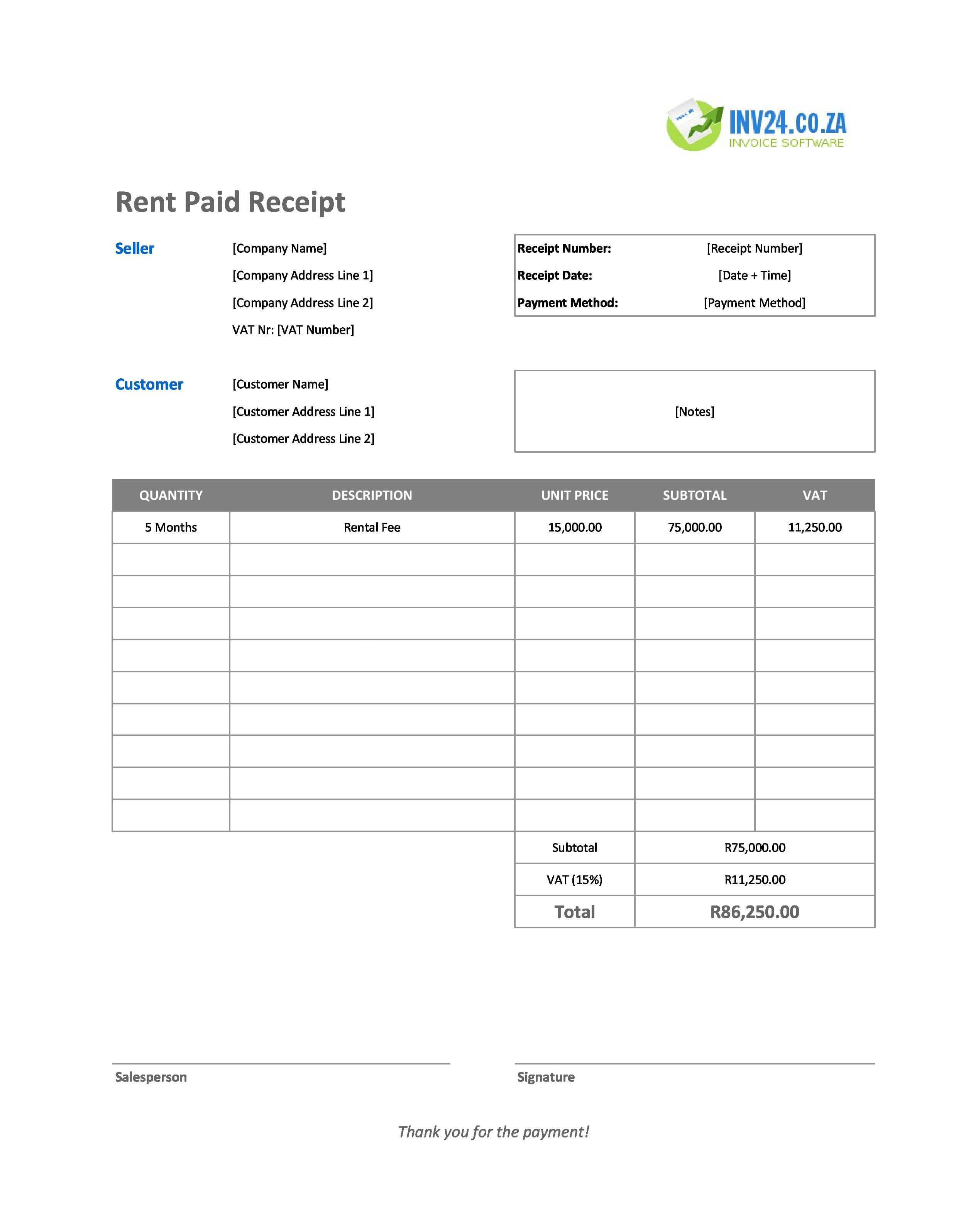 Rent Paid Receipt Template for South Africa (Excel / Google Sheets)
