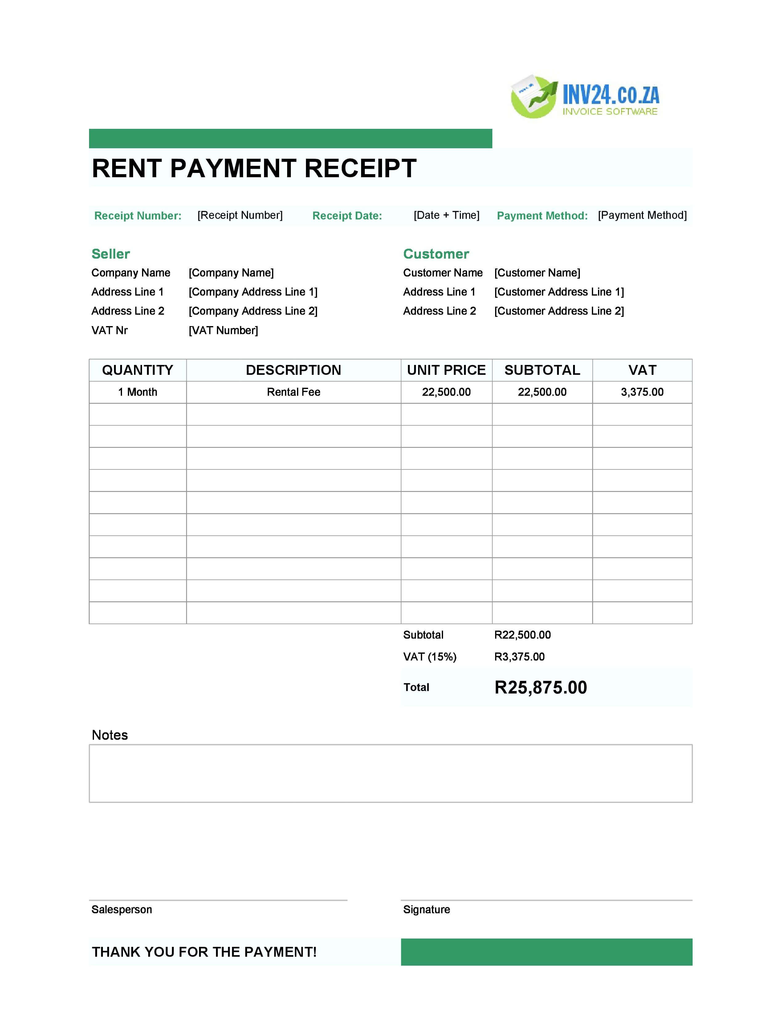 Rent Payment Receipt Template for South Africa (Excel / Google Sheets)