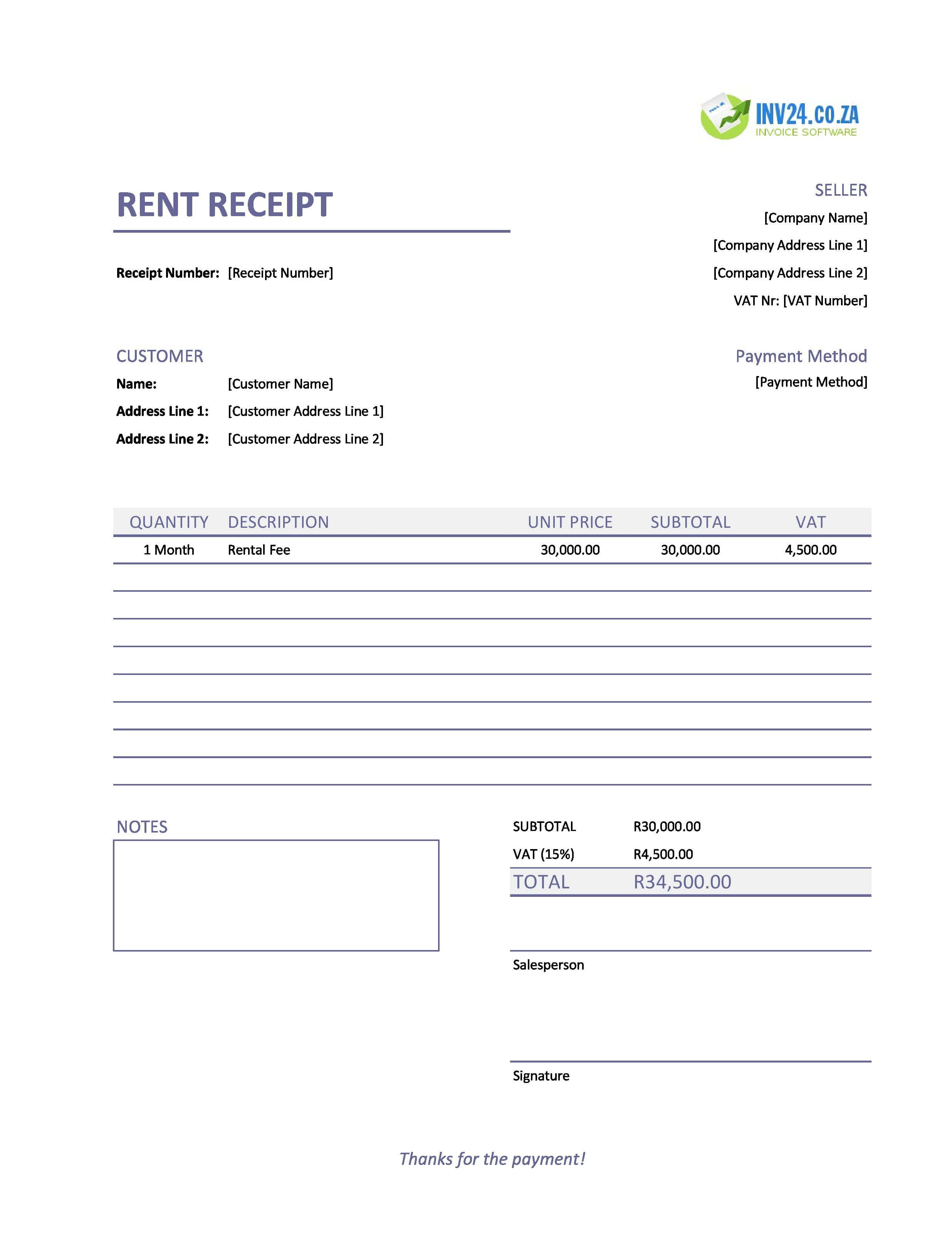 Rent Receipt Template for South Africa (Excel / Google Sheets)
