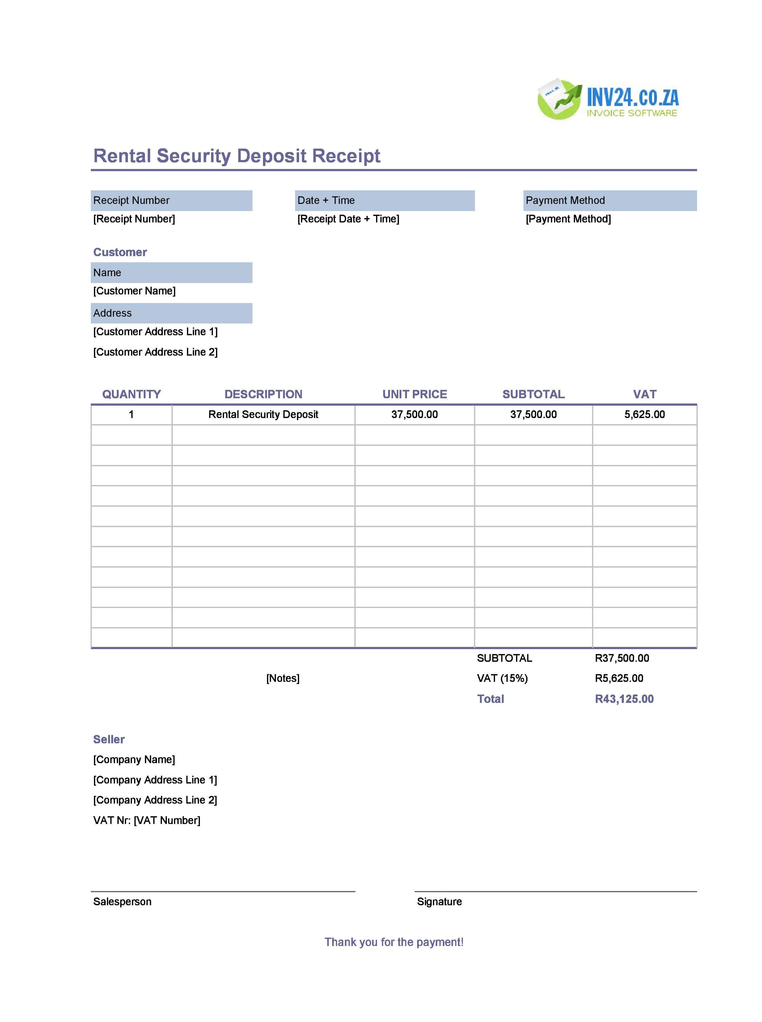 Rental Security Deposit Receipt Template for South Africa (Excel / Google Sheets)