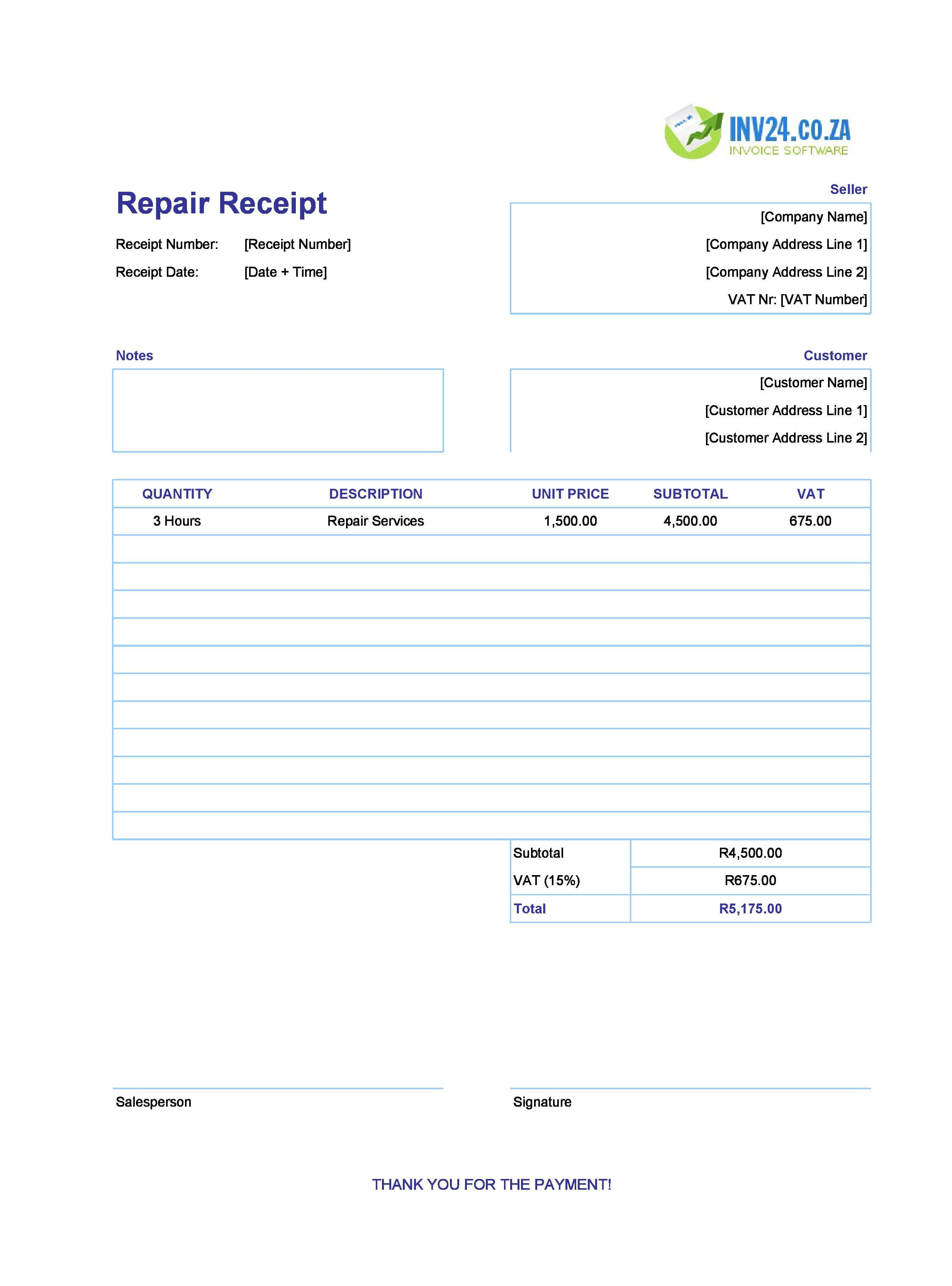 Repair Receipt Template for South Africa (Excel / Google Sheets)