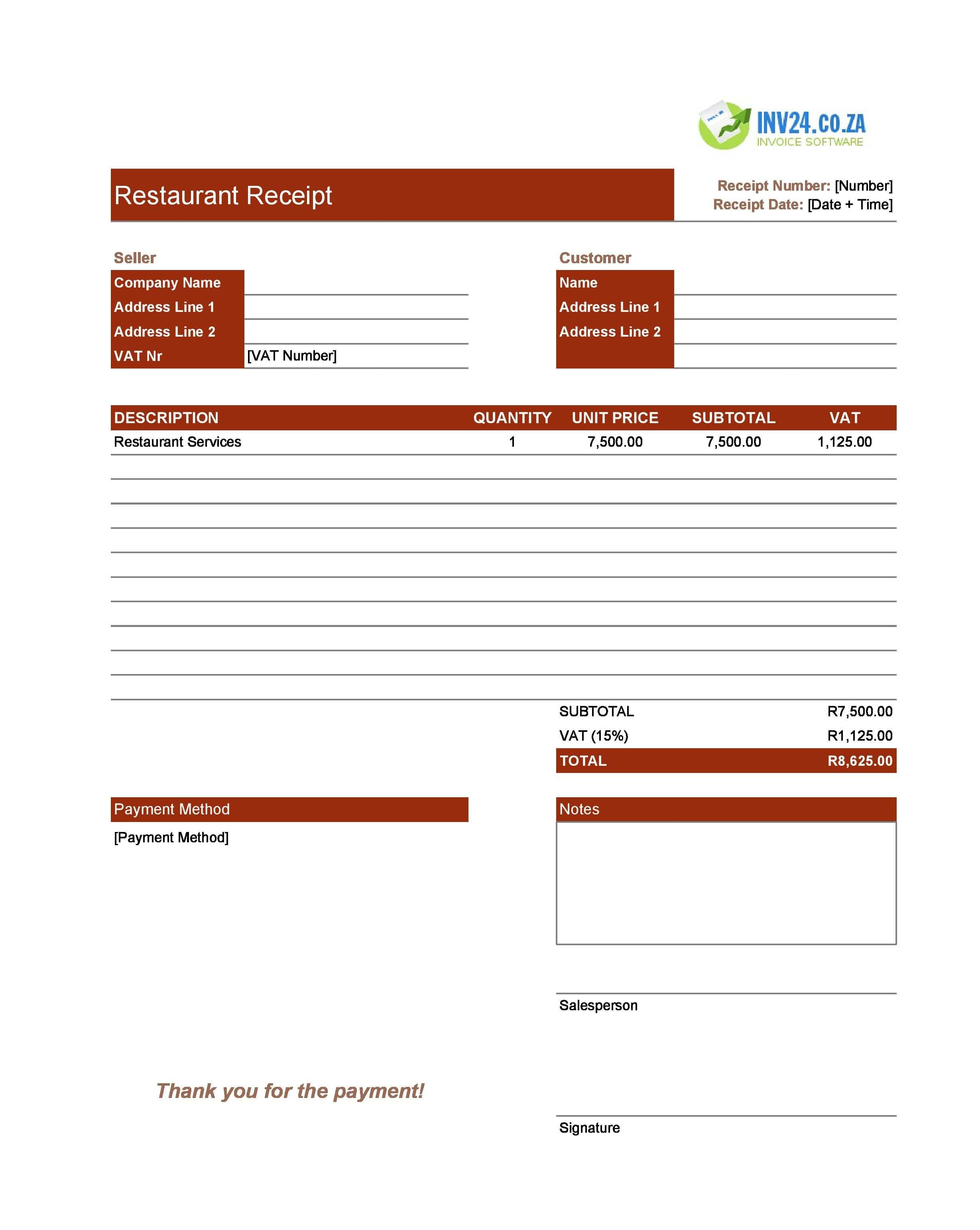 Restaurant Receipt Template for South Africa (Excel / Google Sheets)