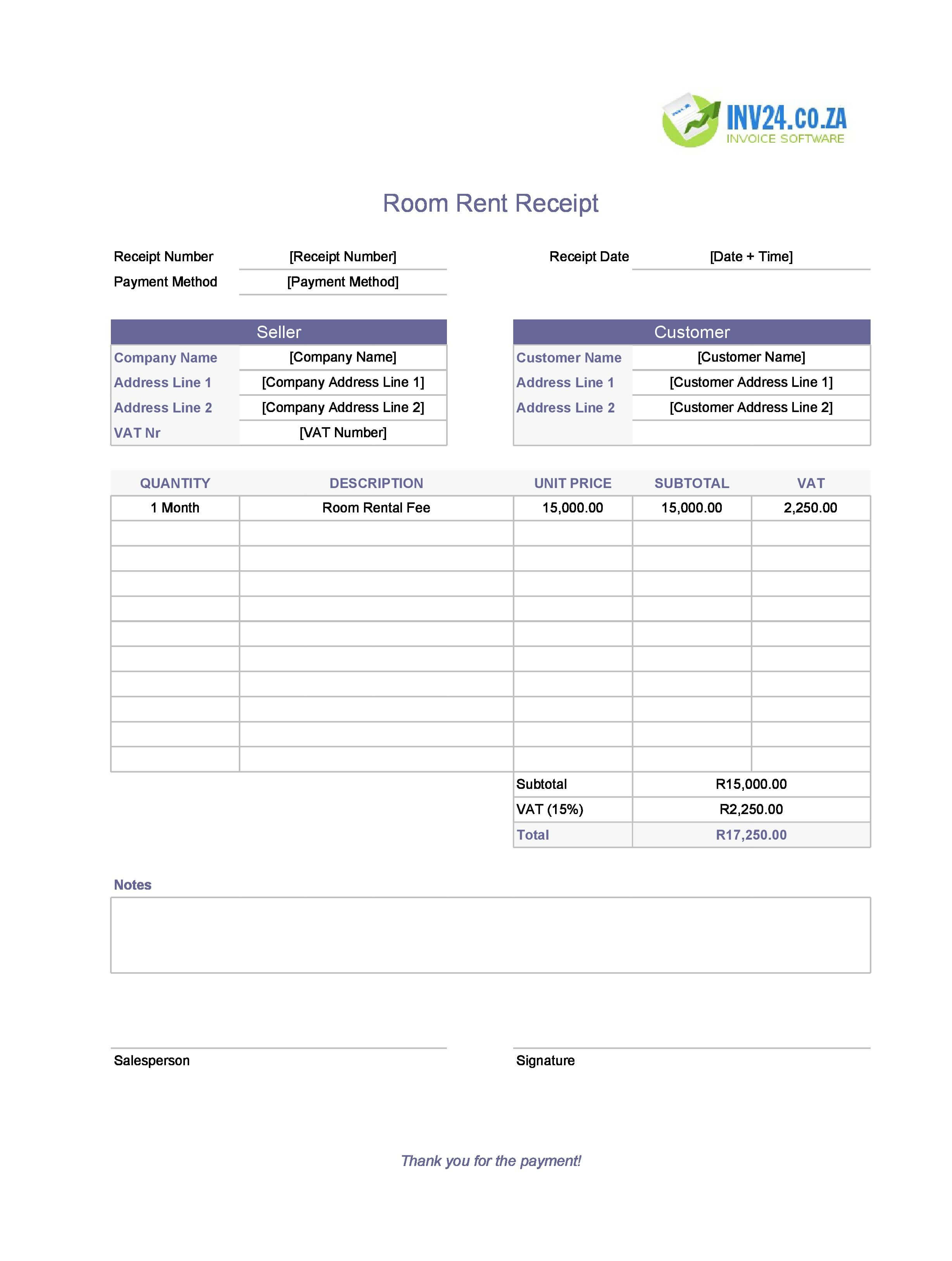 Room Rent Receipt Template for South Africa (Excel / Google Sheets)