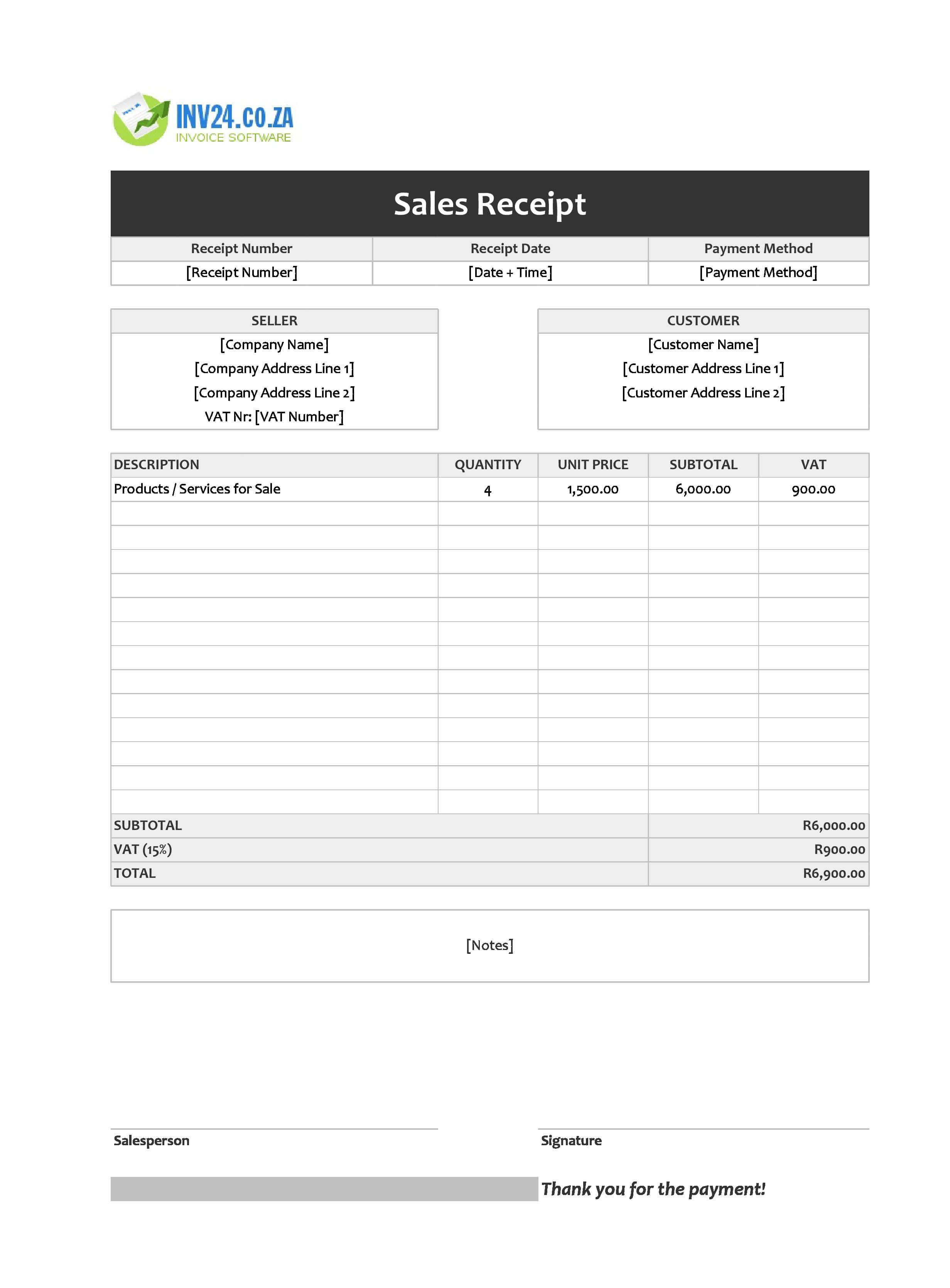 Sales Receipt Template for South Africa (Excel / Google Sheets)