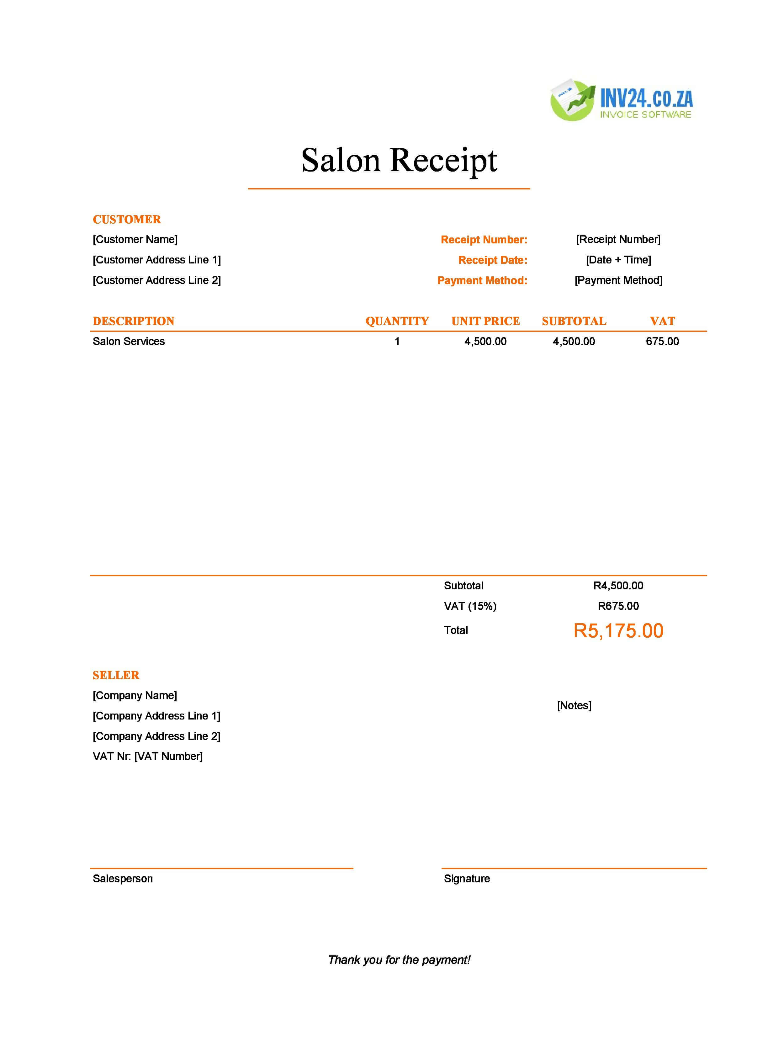 Salon Receipt Template for South Africa (Excel / Google Sheets)