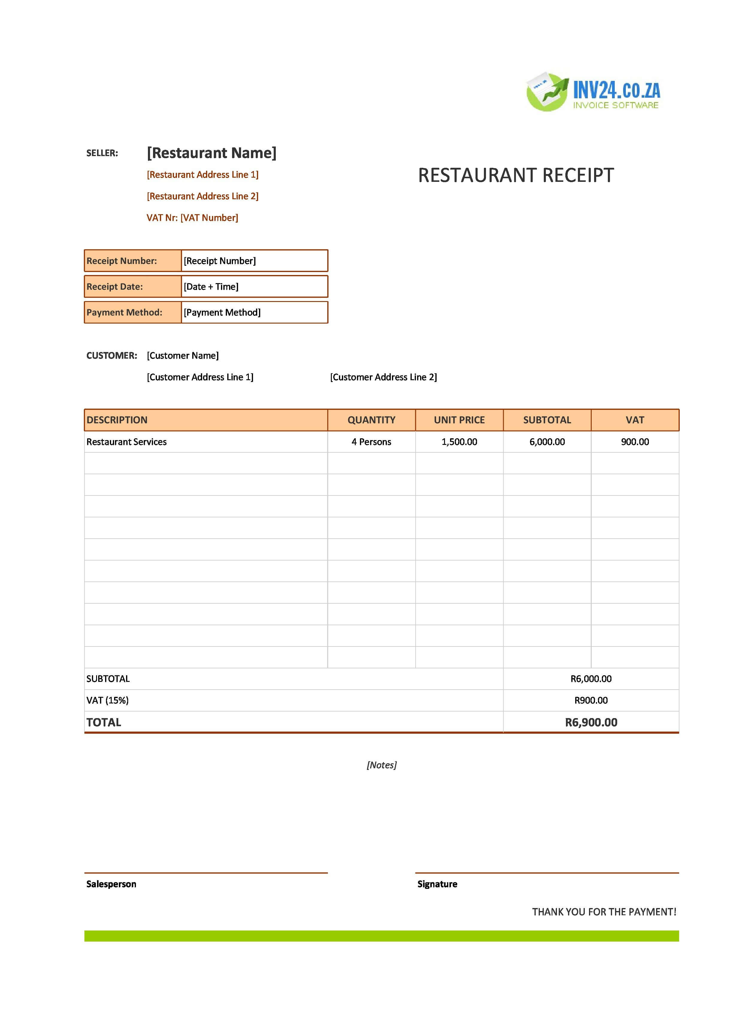 Sample Restaurant Receipt Template for South Africa (Excel / Google Sheets)