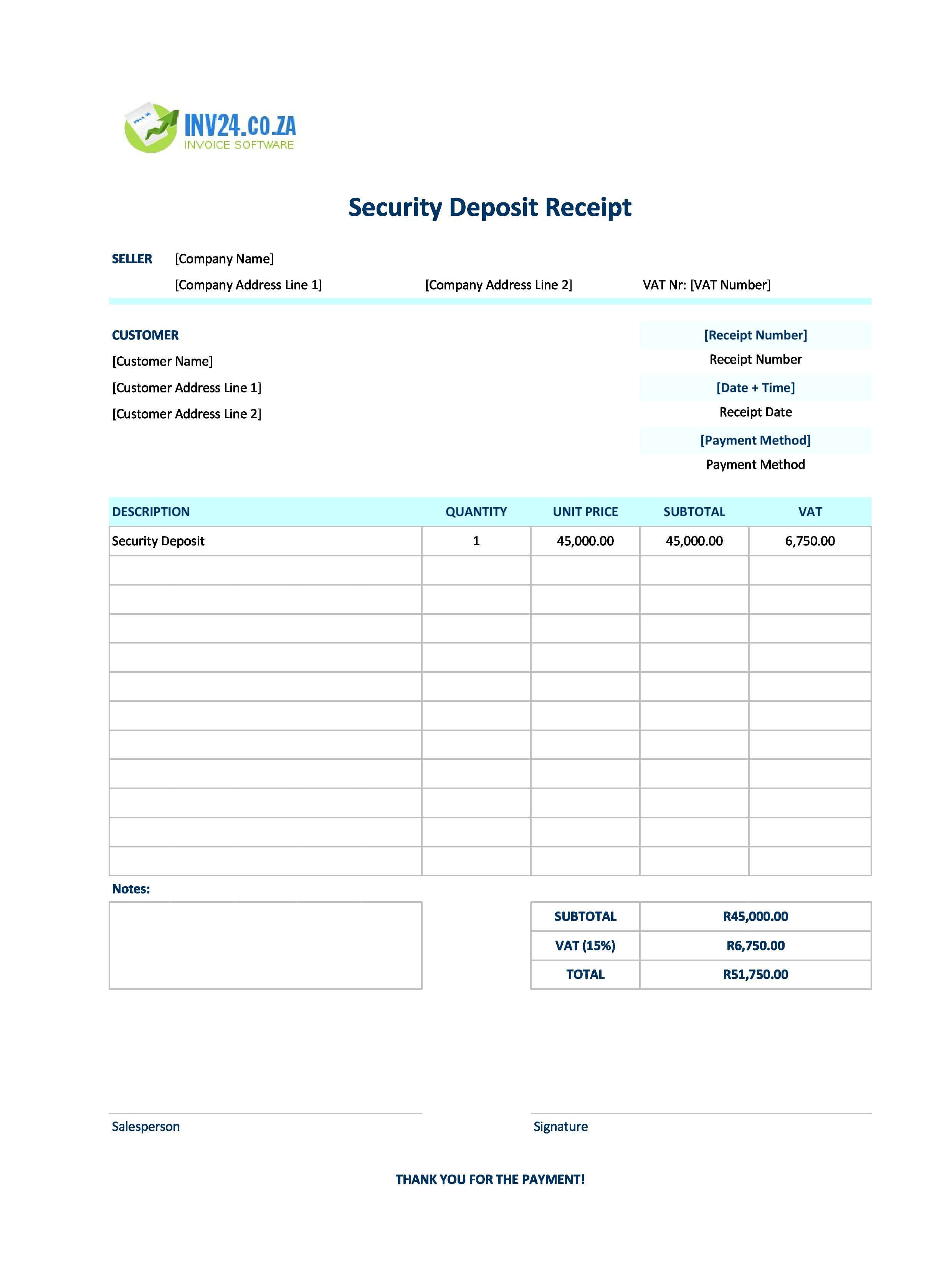 Security Deposit Receipt Template for South Africa (Excel / Google Sheets)