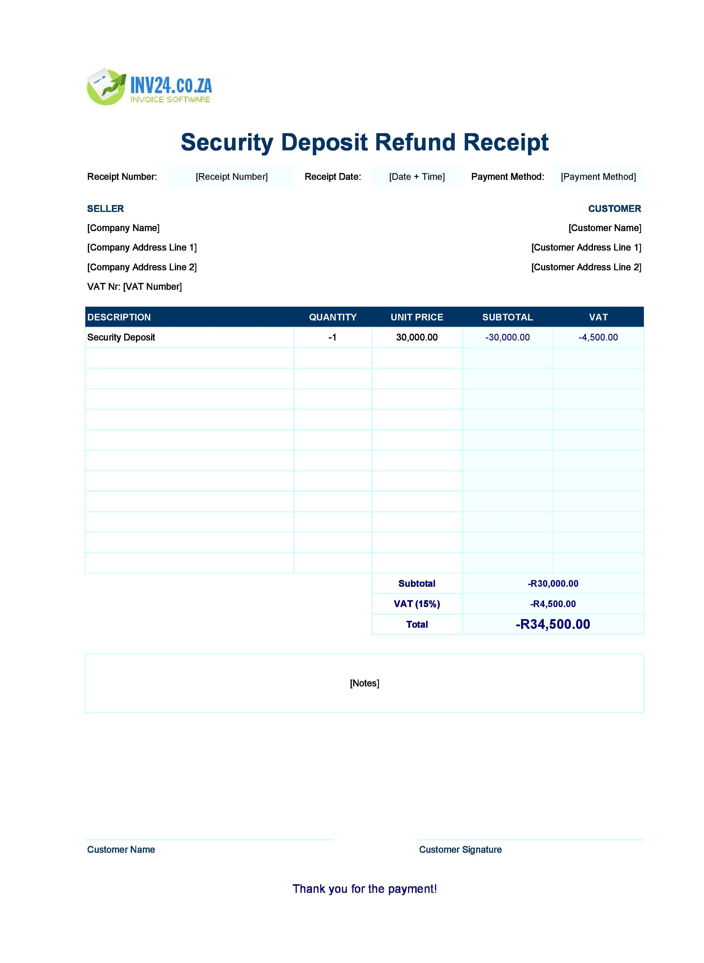 Security Deposit Refund Receipt Template for South Africa (Excel / Google Sheets)