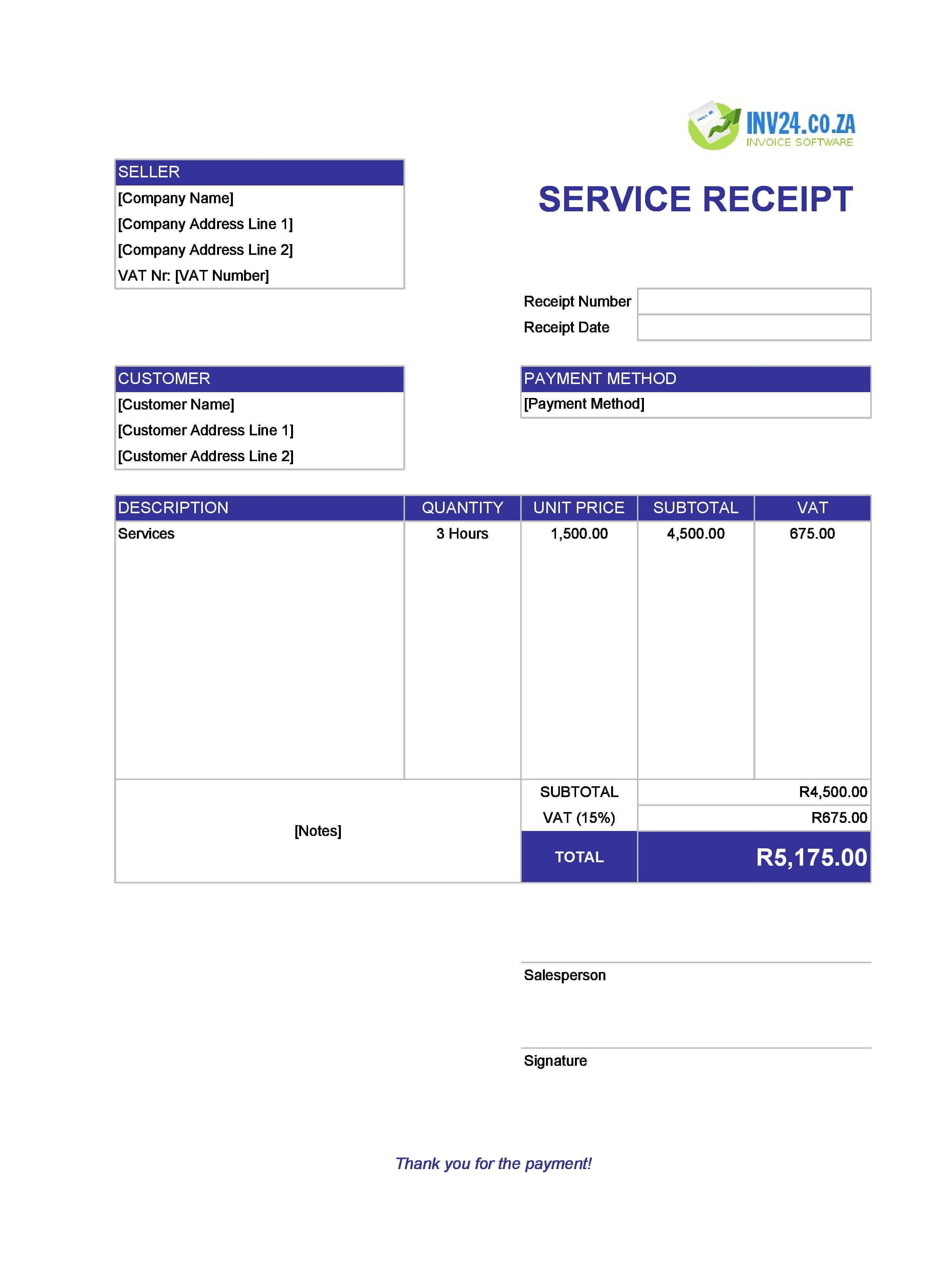 Service Receipt Template for South Africa (Excel / Google Sheets)